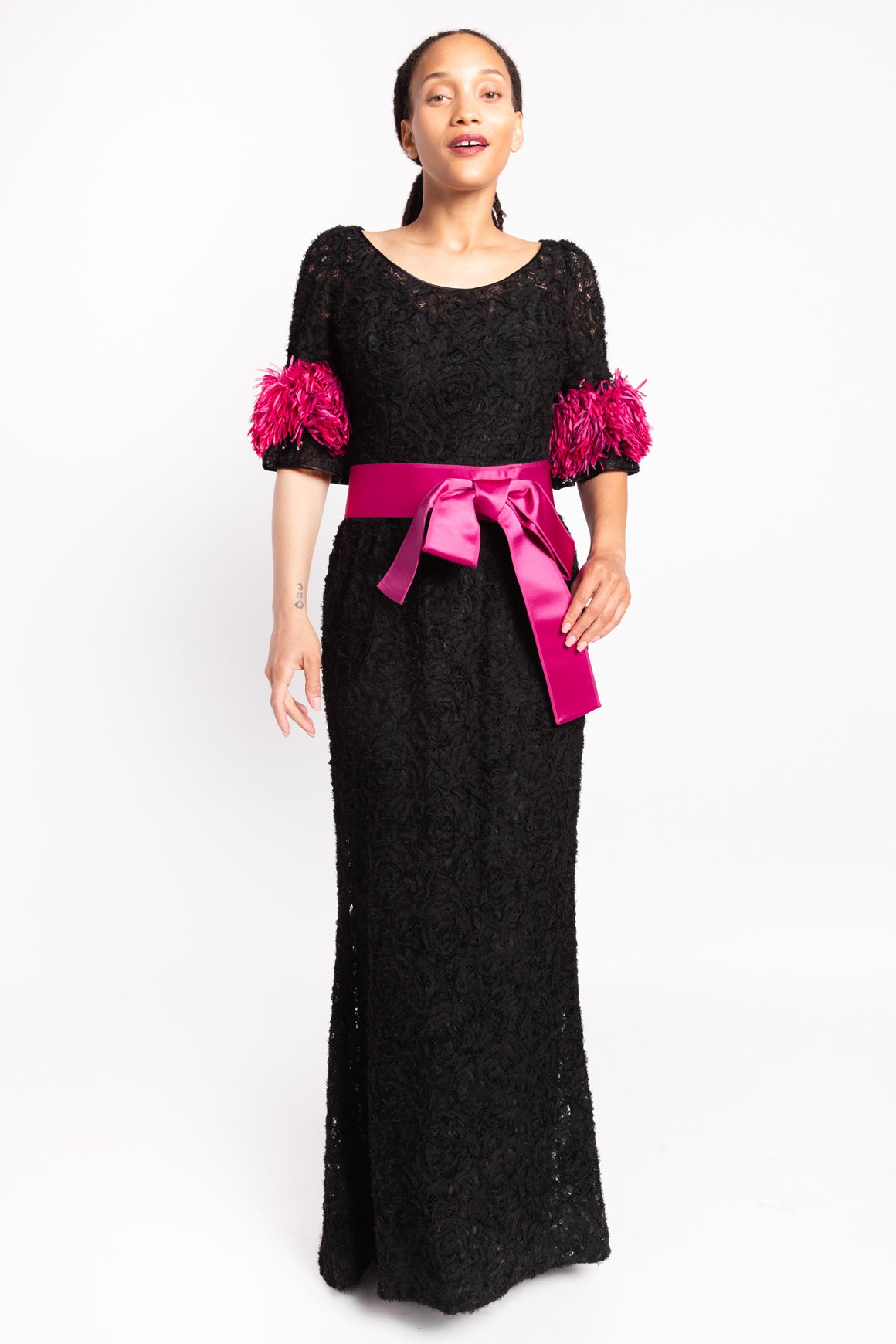 DOLCE & GABBANA Black Lace Gown w/ Sash
