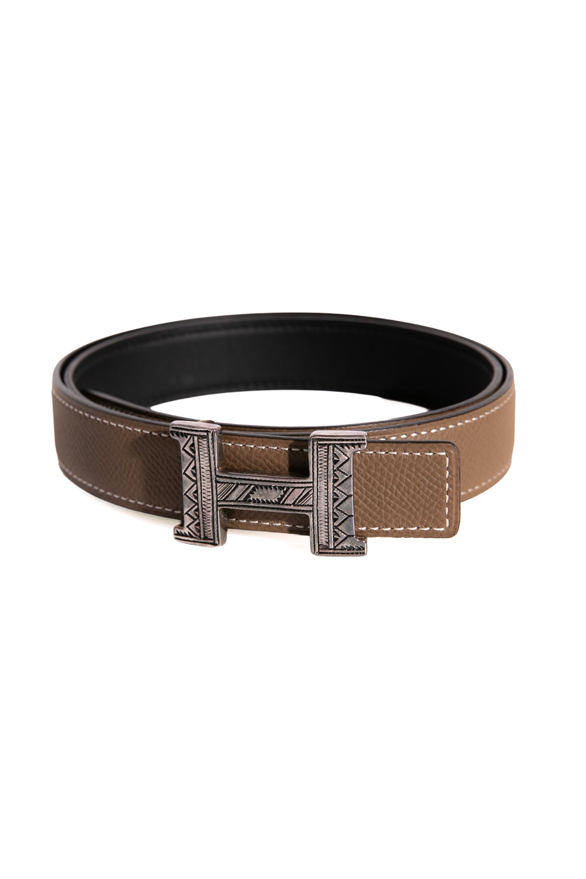HERMES Taupe & Black Reversible Belt With Etched Buckle
