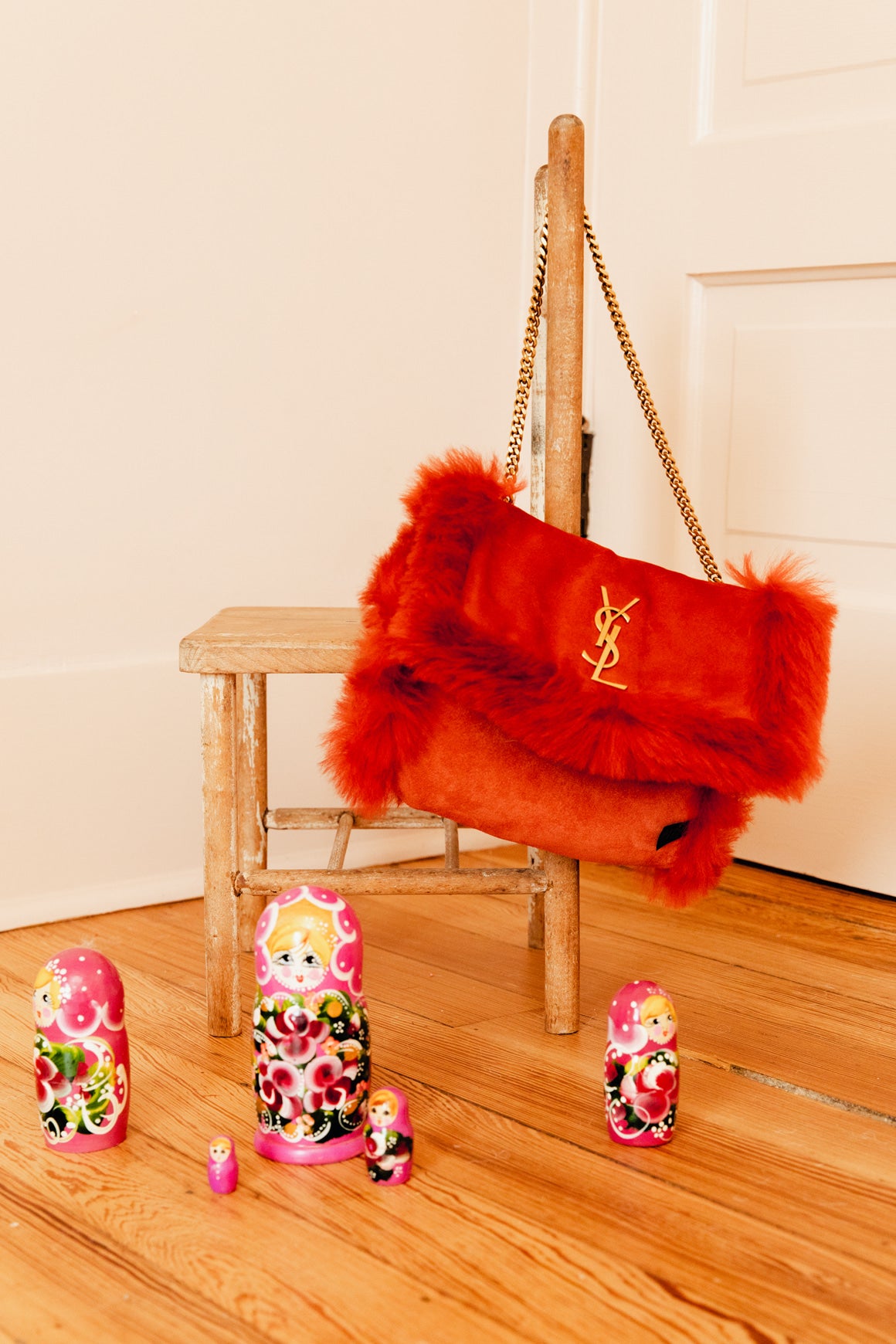 SAINT LAURENT Red Lamb Fur Kate Reversible Chain Bag -Small
