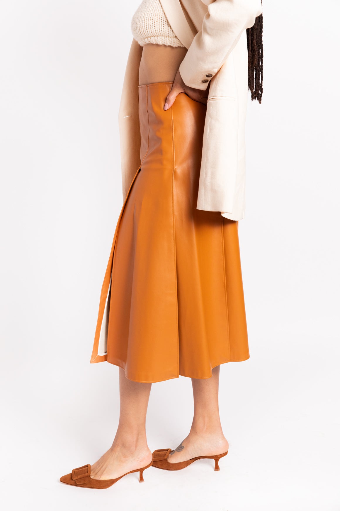 A.W.A.K.E. MODE Orange Vegan Leather Midi Skirt