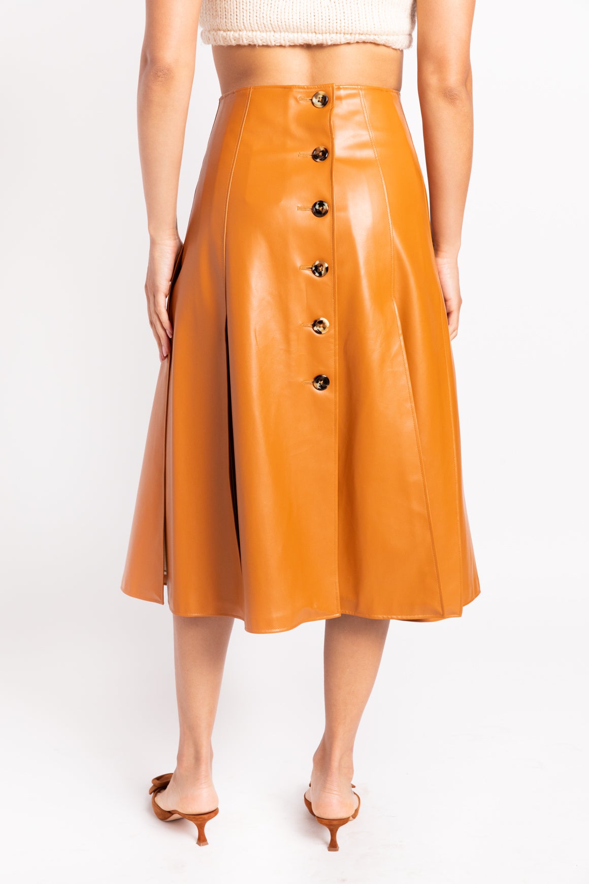 A.W.A.K.E. MODE Orange Vegan Leather Midi Skirt