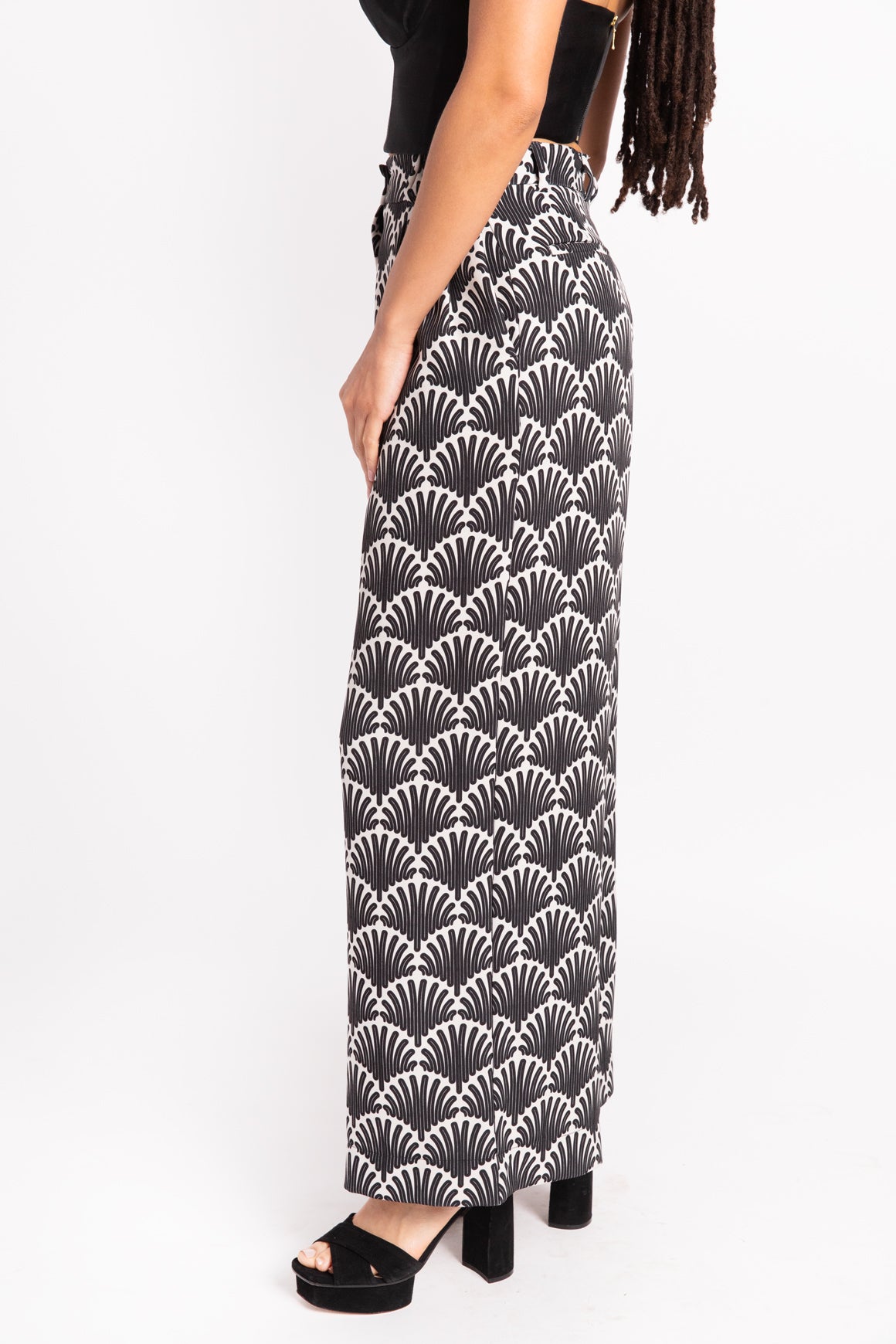ODEEH Black & White Printed Wide Leg Trousers