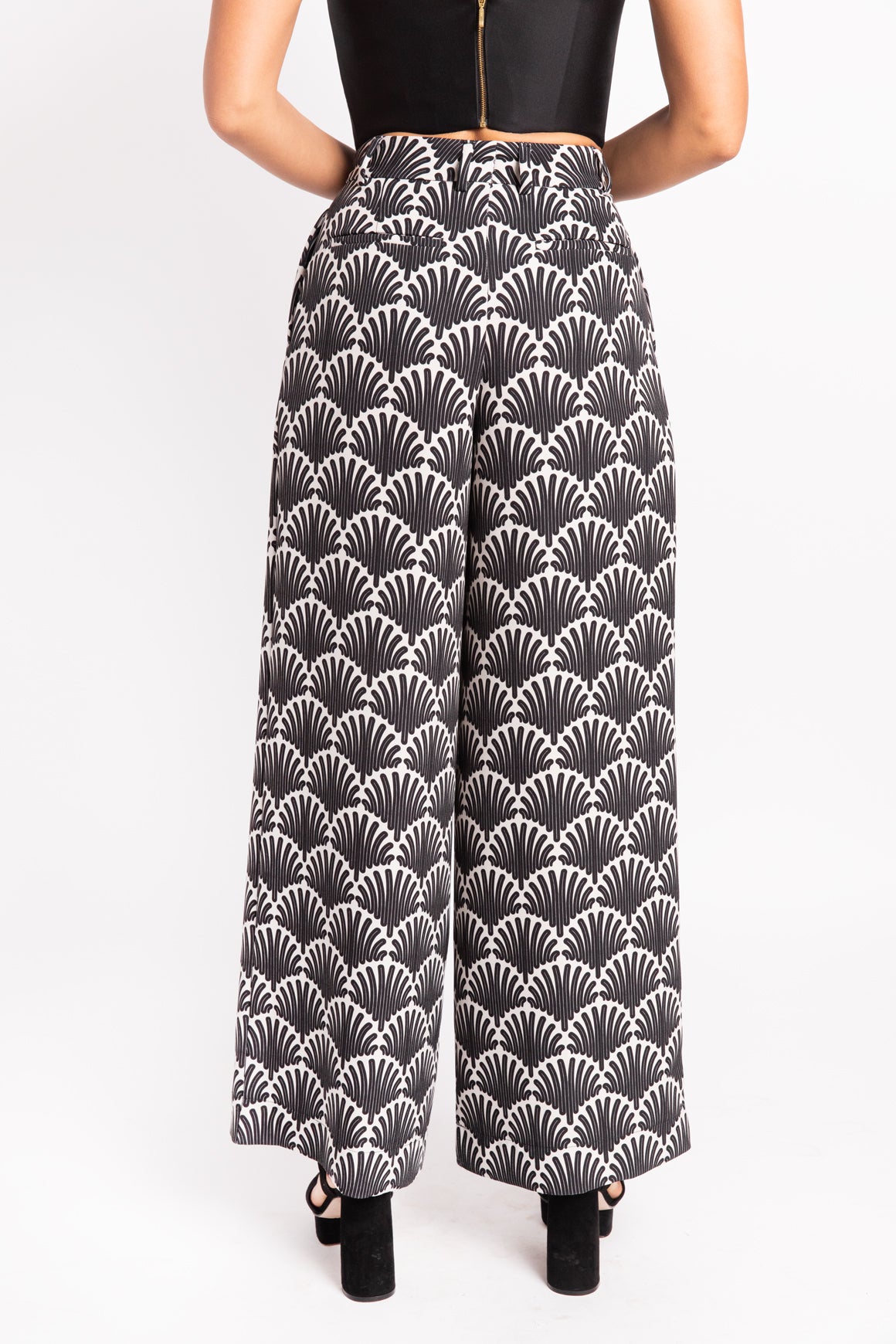 ODEEH Black & White Printed Wide Leg Trousers