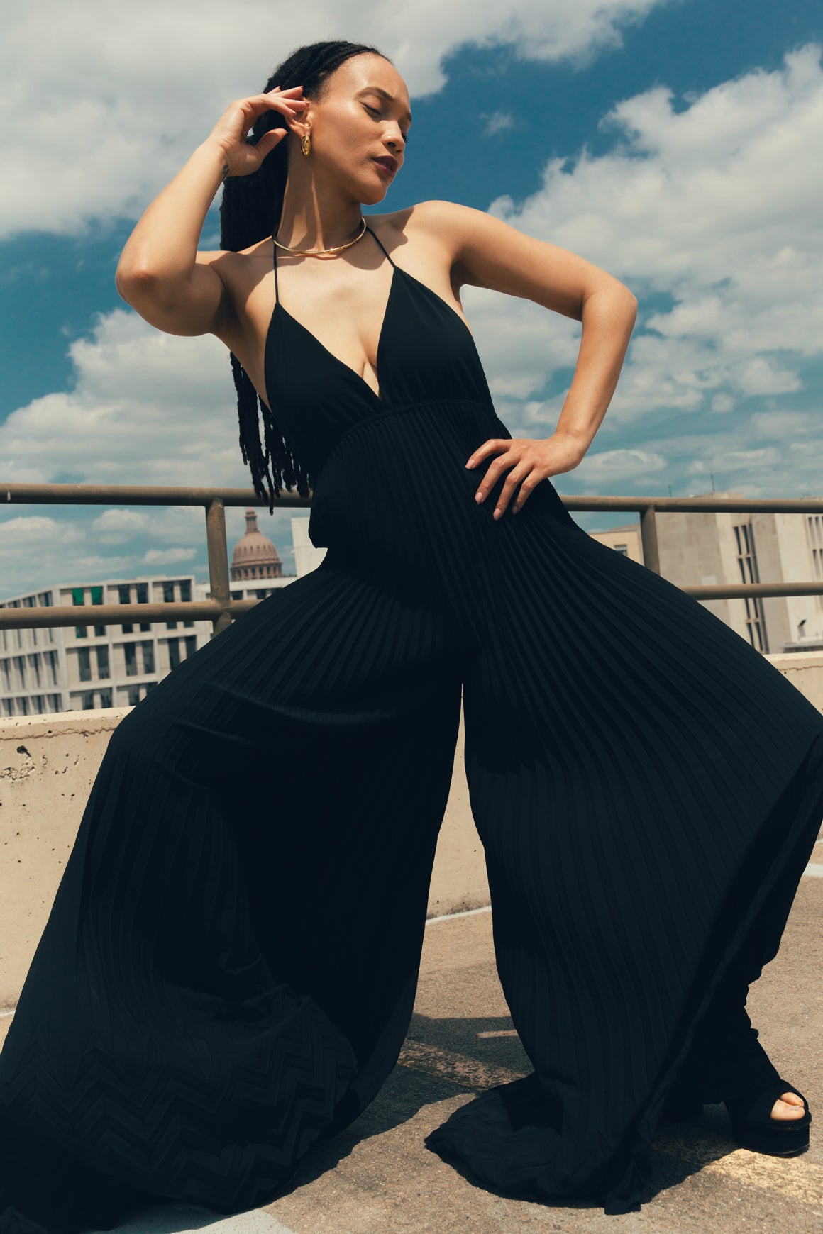 ALICE + OLIVIA Black "Adalyn" Pleated Halter Jumpsuit