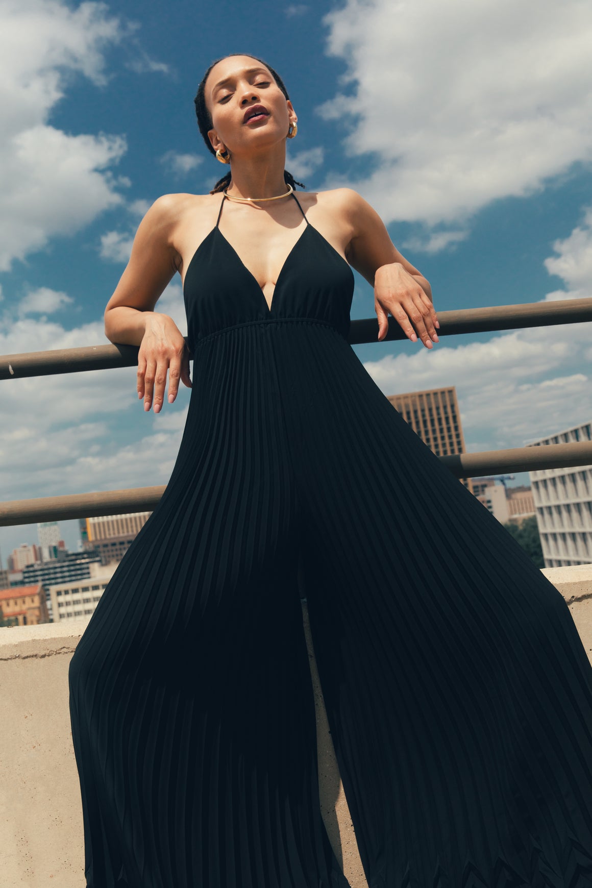 ALICE + OLIVIA Black "Adalyn" Pleated Halter Jumpsuit