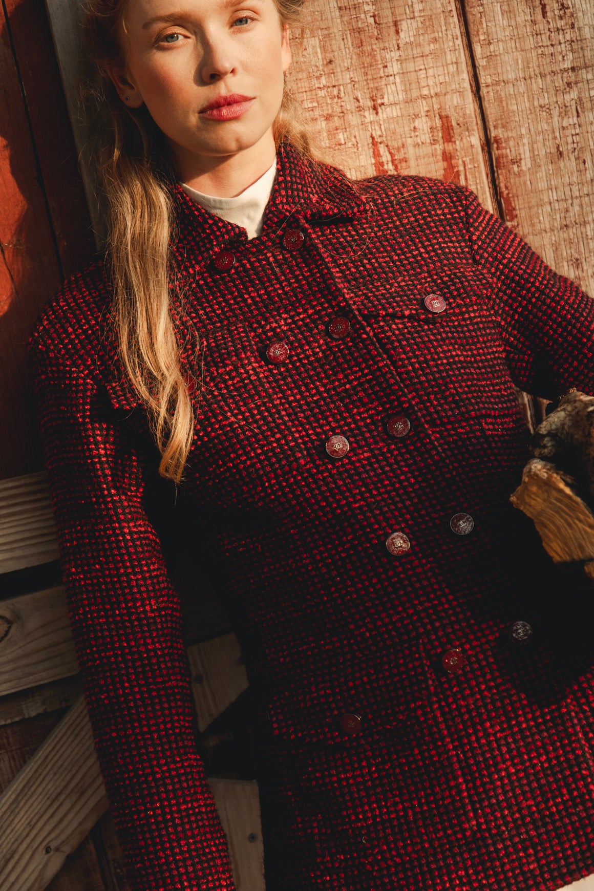 CHANEL Red & Black Double Breasted Tweed Wool Coat (Sz.38/2)