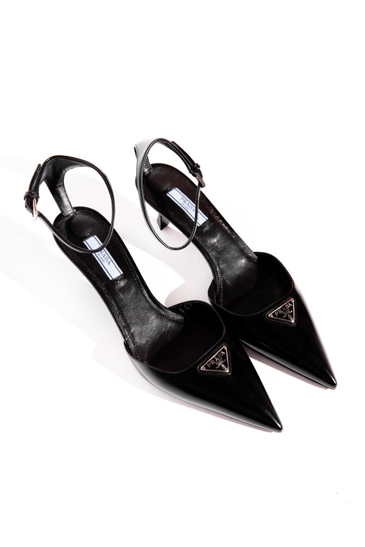 PRADA Black Triangle Emblem Ankle Strap Heels (Sz.38)