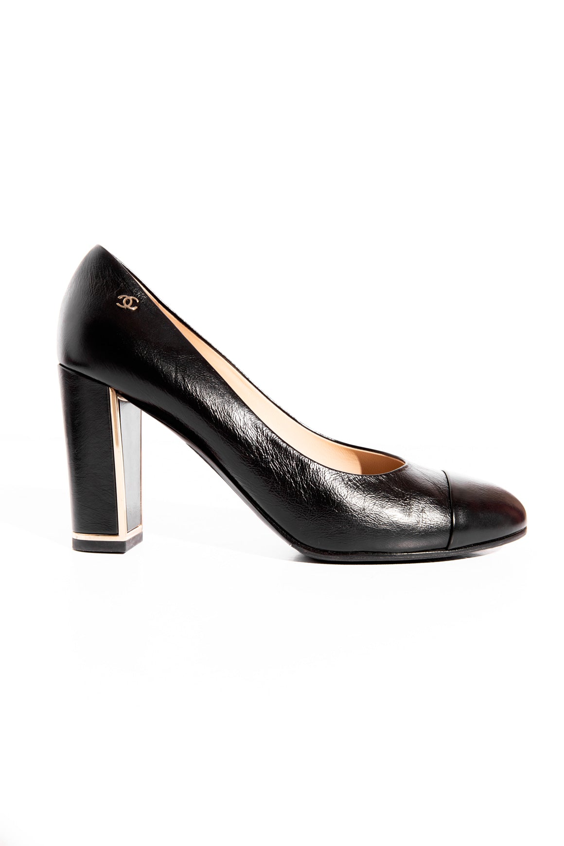 CHANEL Black Leather Toe Cap Gold Detailed Pump (Sz.41)