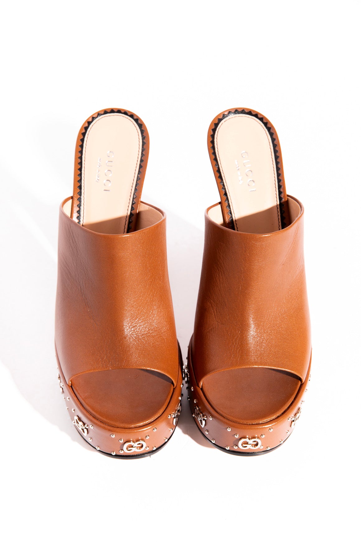 GUCCI Cognac Platform Logo Mules (Sz.38)
