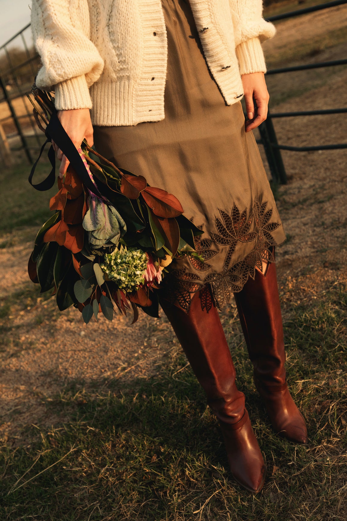 DIOTIMA Olive Silk Crochet Detail Midi Skirt (Sz.1)