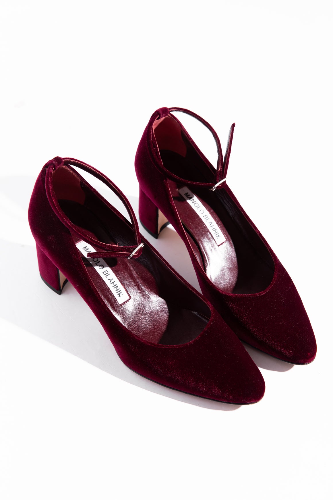 MANOLOL BLAHNIK Maroon Velvet Ankle Strap Block Heels (Sz. 36 