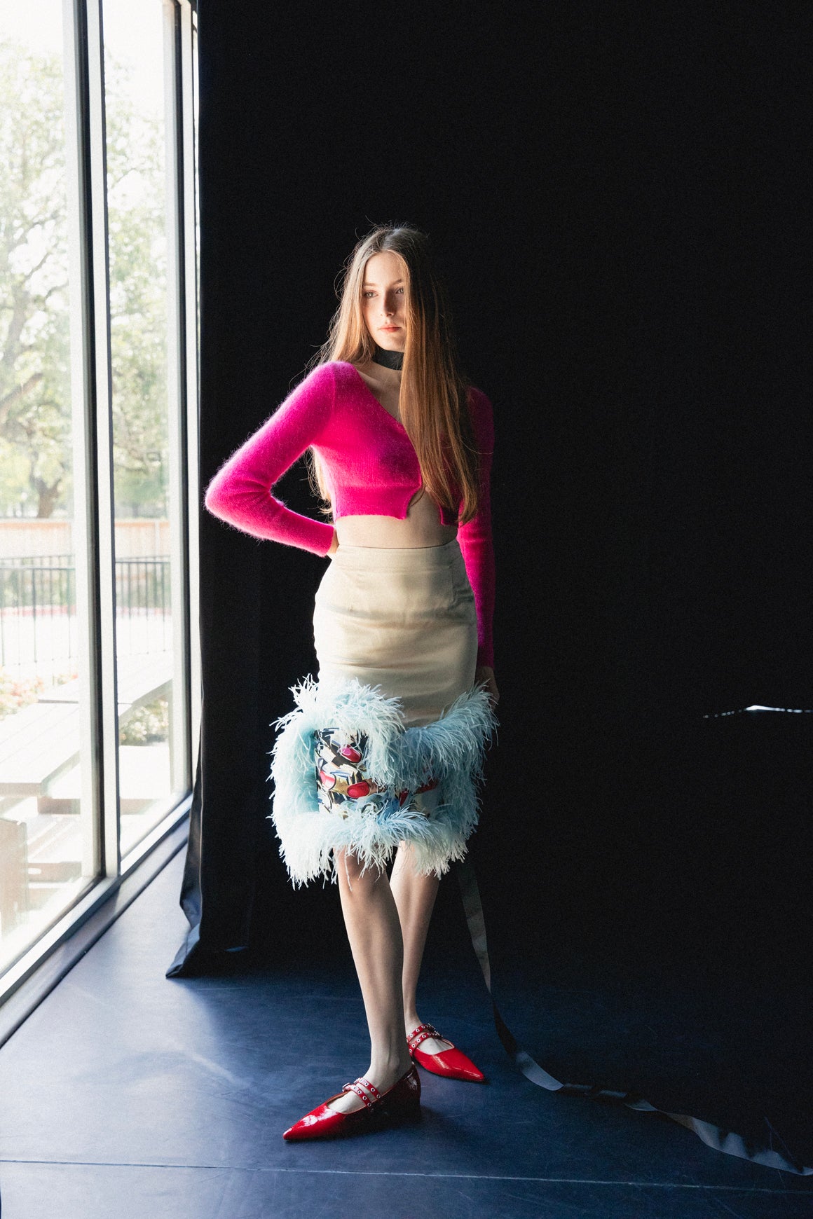 LANVIN Cream & Blue Feather Skirt (Sz. XS)