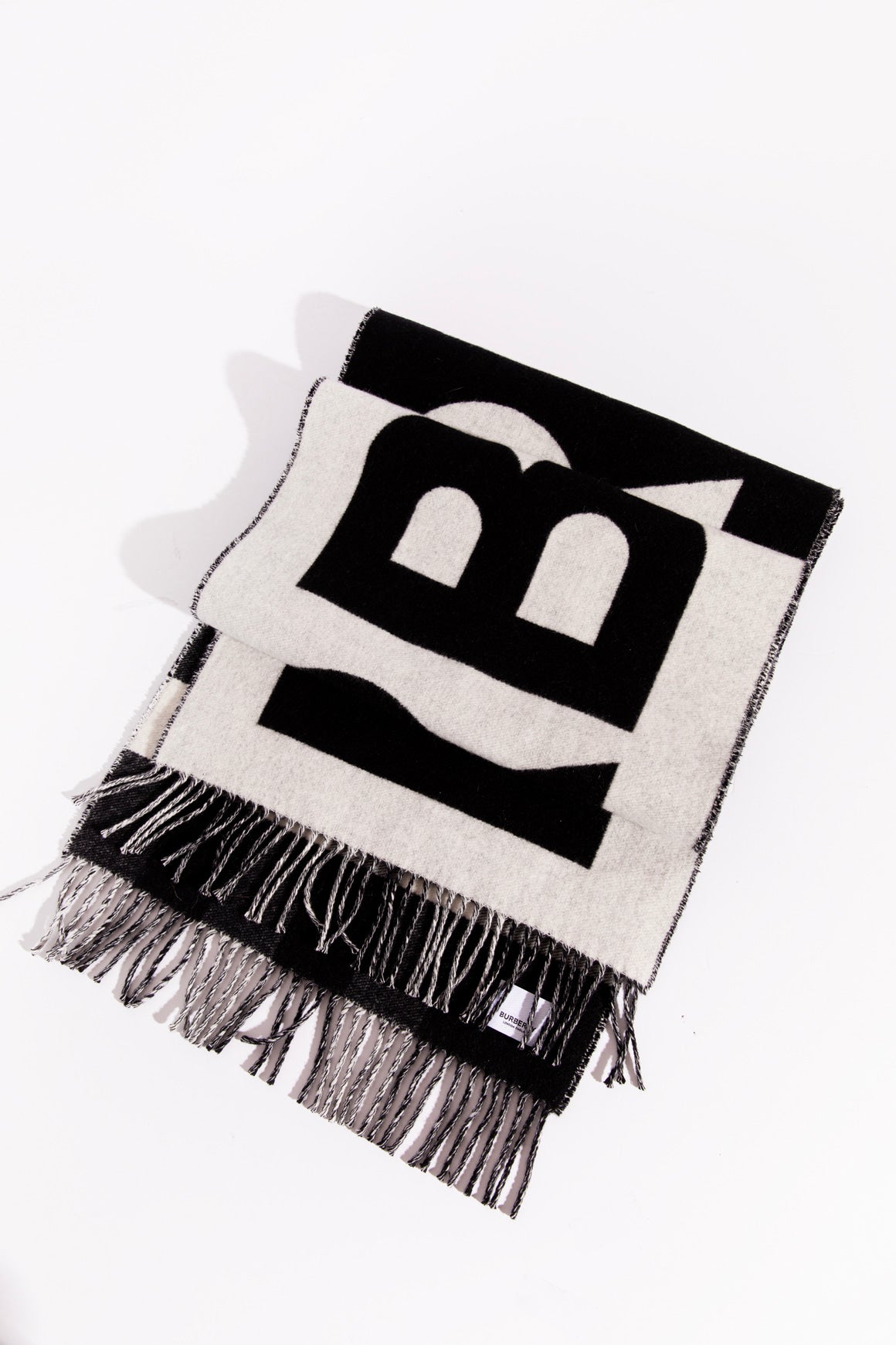 BURBERRY Black & White Plaid Cashmere Large Scarf