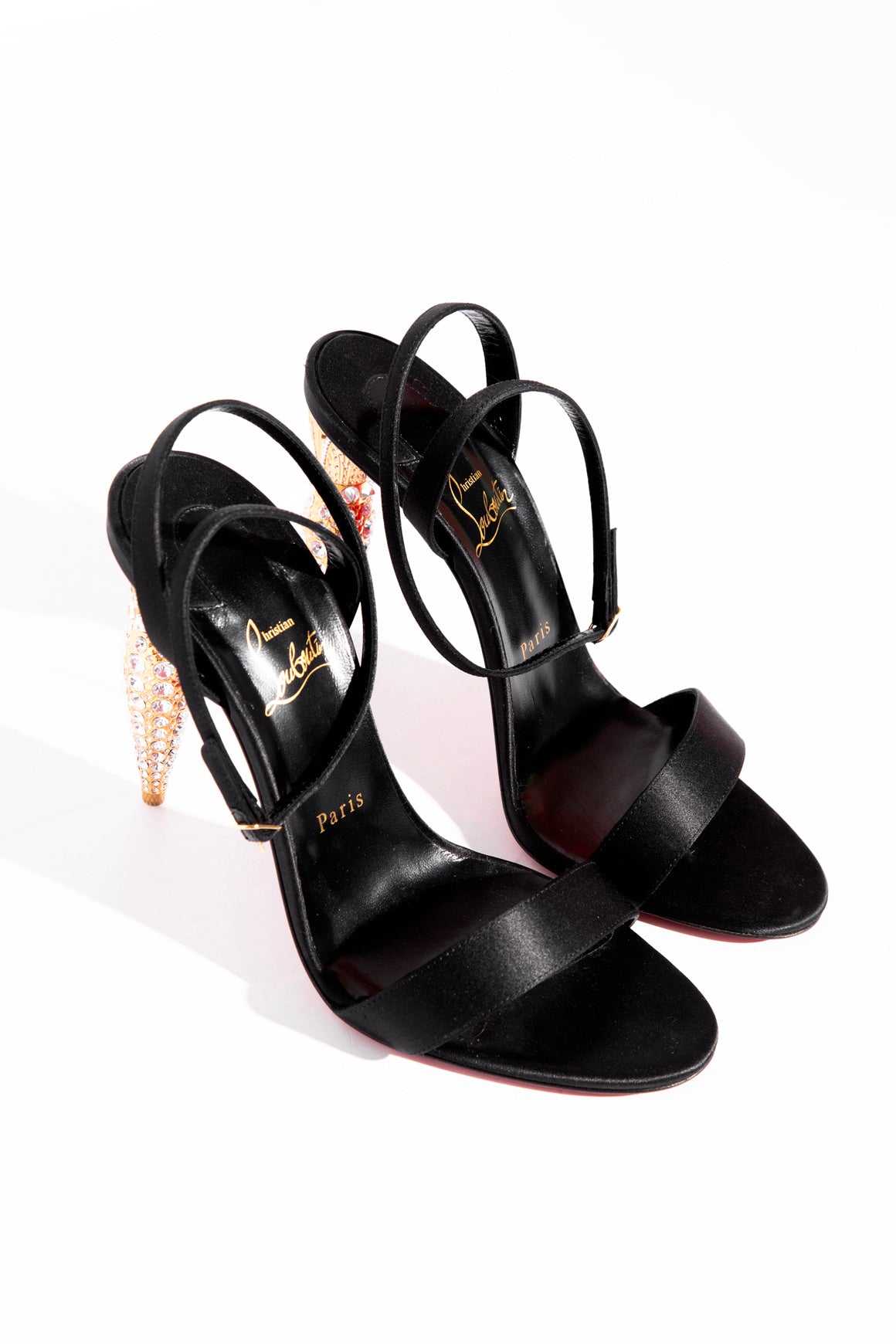 LOUBOUTIN Black Satin 'Lipstrass' Queen 100 Heels (Sz.40)