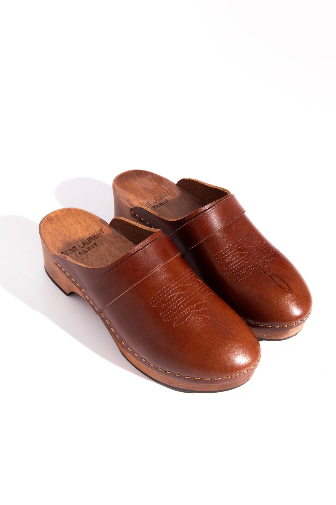 SAINT LAURENT Leather Western Clog Mules (Sz.37.5)