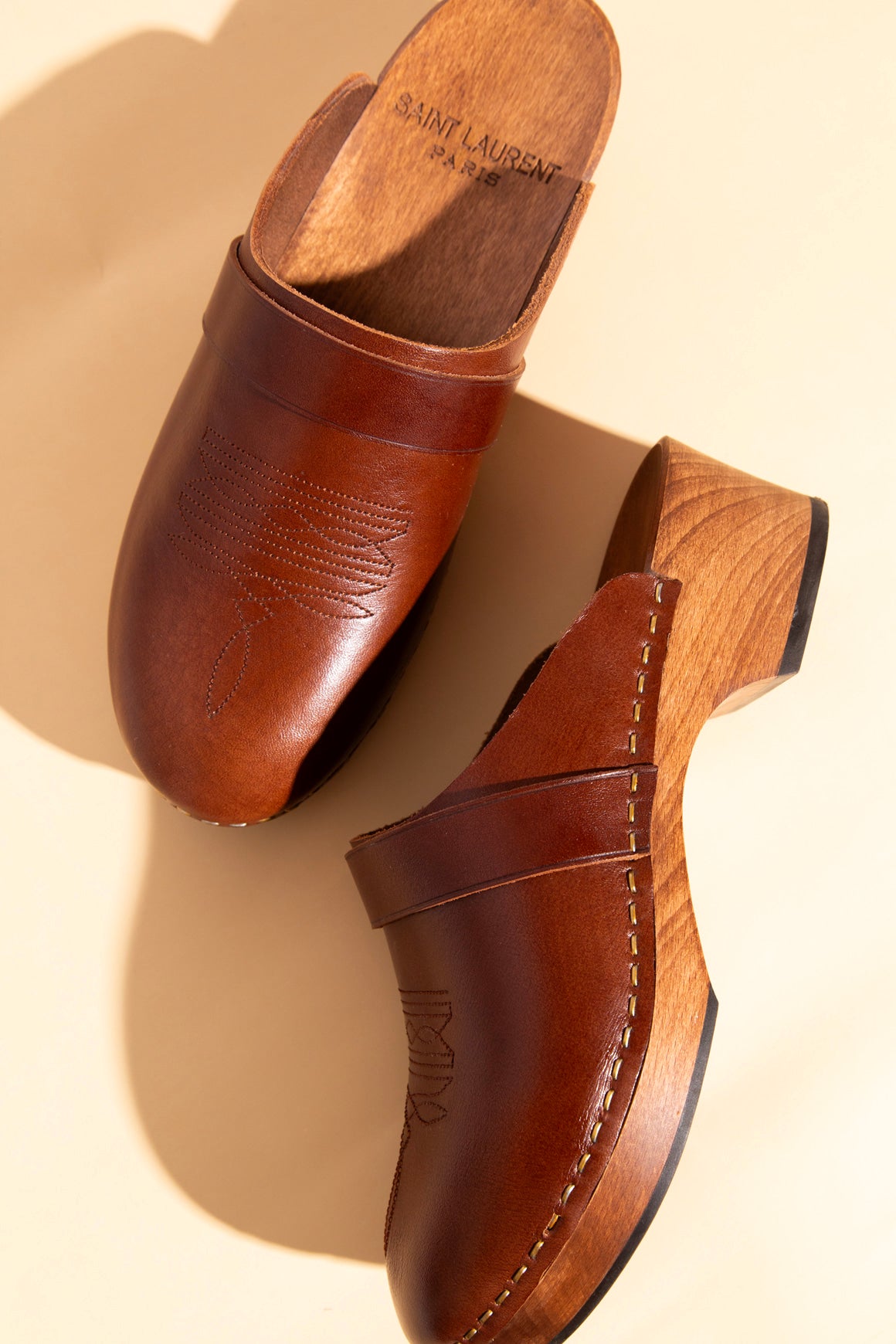 SAINT LAURENT Leather Western Clog Mules (Sz.37.5)