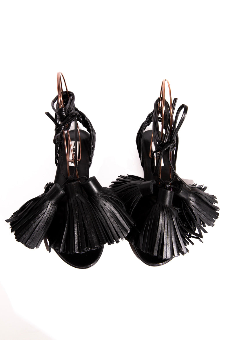 JIL SANDER Black Leather Large Tassel Sandals (Sz. 38)