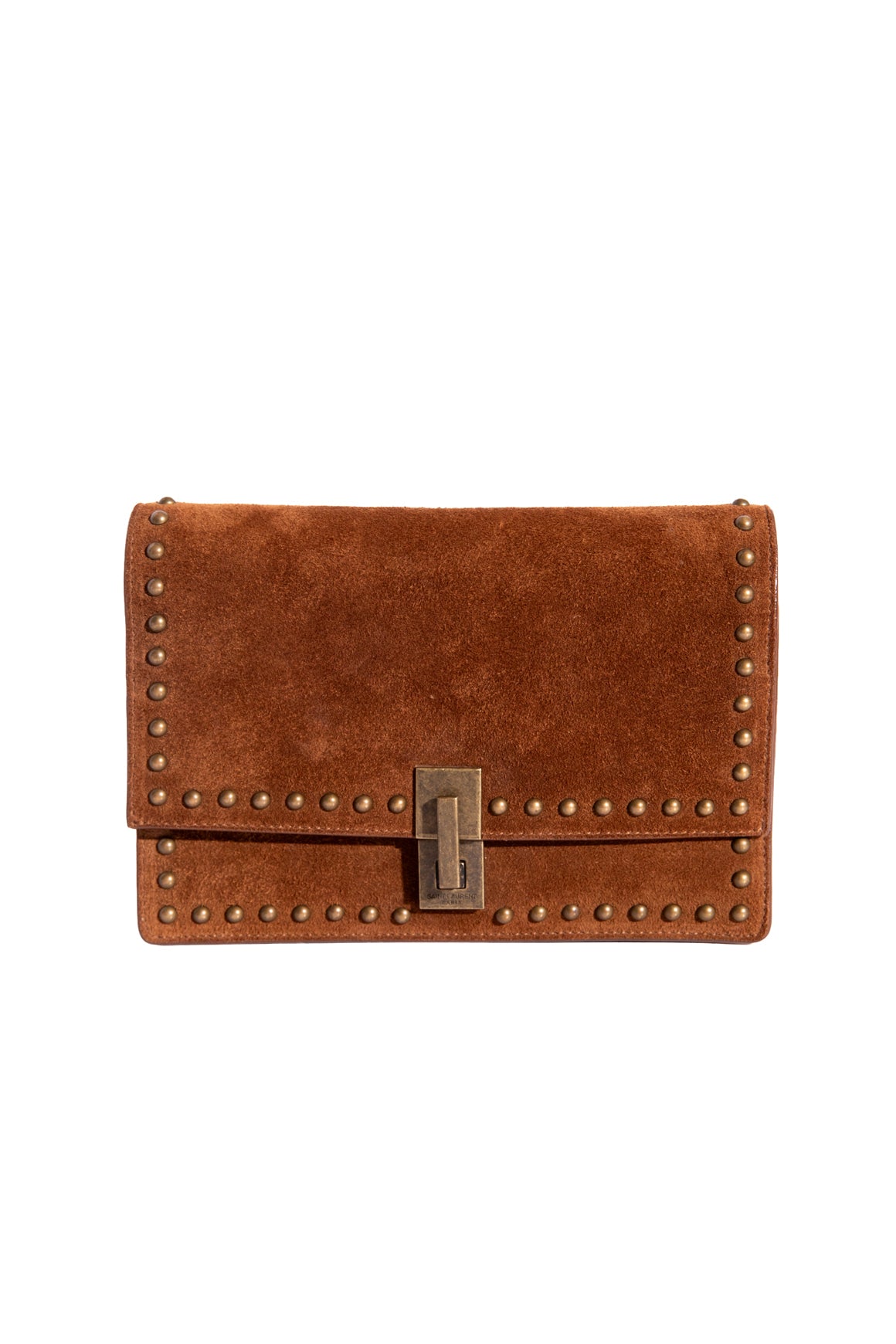 SAINT LAURENT Tan Suede Brass Grommet Flap Bag