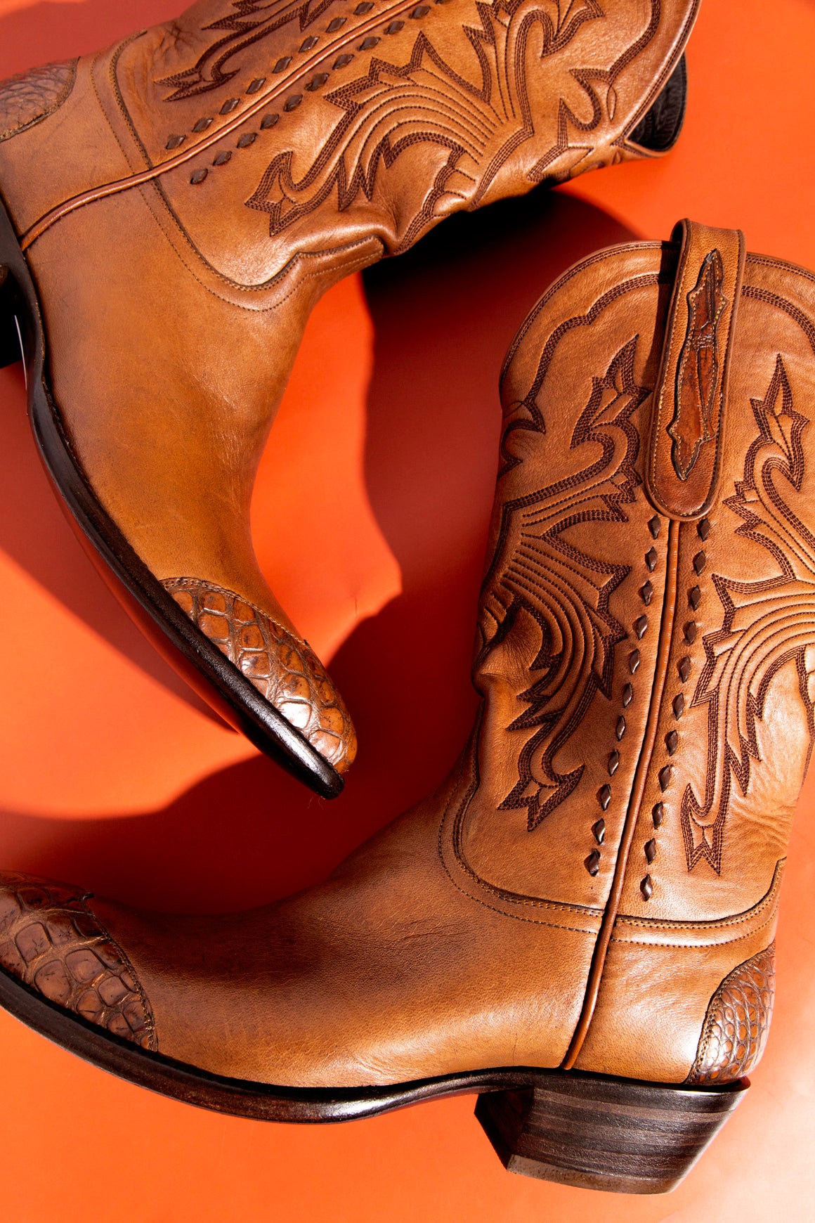 STALLION Western-Stitch Croc-Leather Detail Boots (Sz.40)