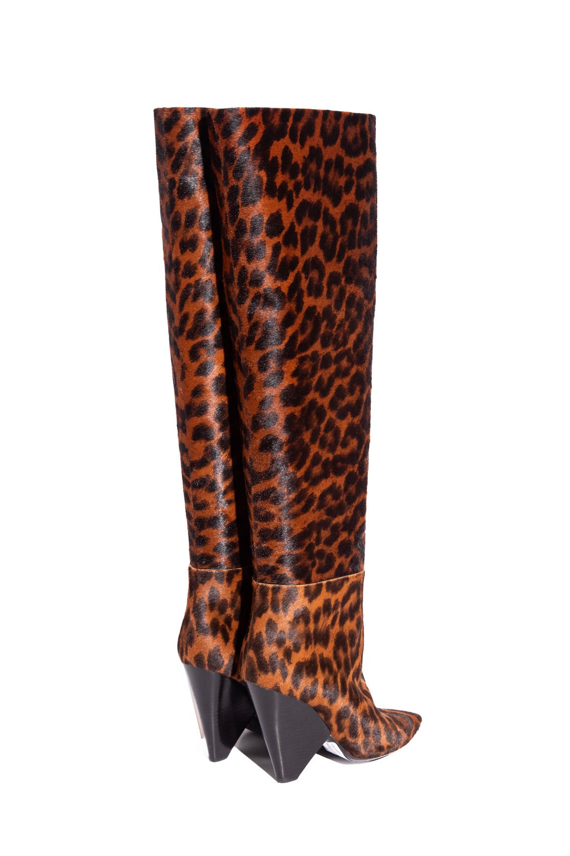 SAINT LAURENT Leopard Mohair Over The Knee Triangle Heel Boot (Sz.37.5)