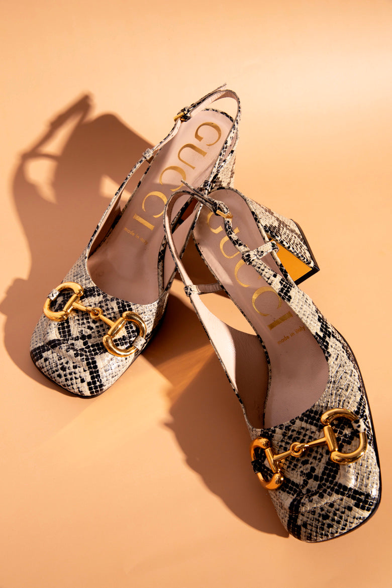 GUCCI Python Embossed Horsebit Slingback Block Heels (Sz. 37)