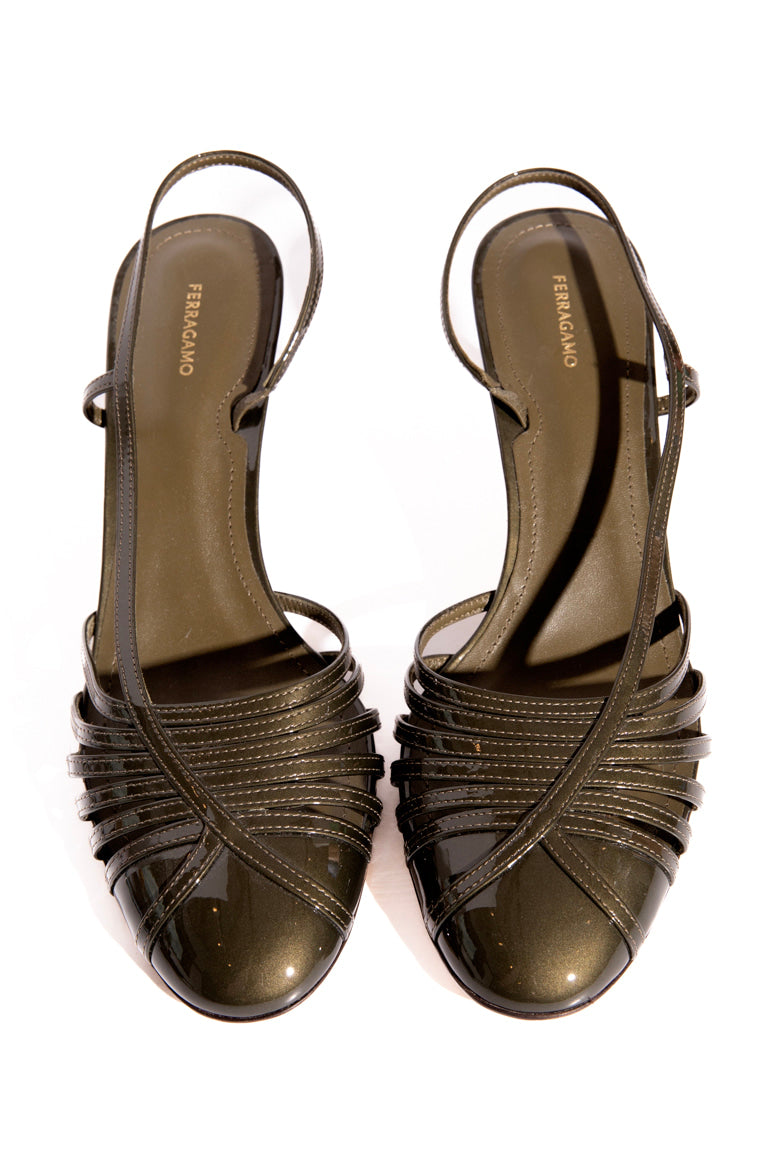 FERRAGAMO Olive Patent Slingback Heels (Sz. 10.5)