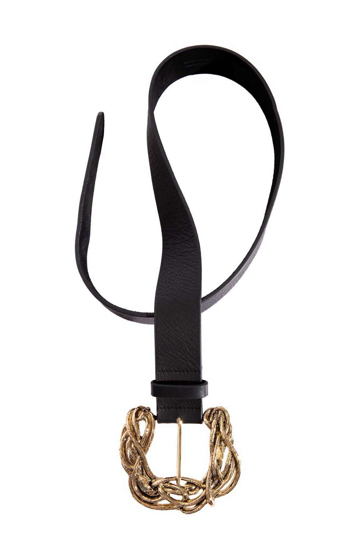 B-LOW THE BELT Black Leather Gold Woven Buckle Belt