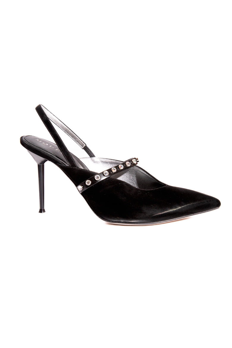 MCQUEEN Black Pointed Rhinestone Strap Heeled Mules (Sz. 41)