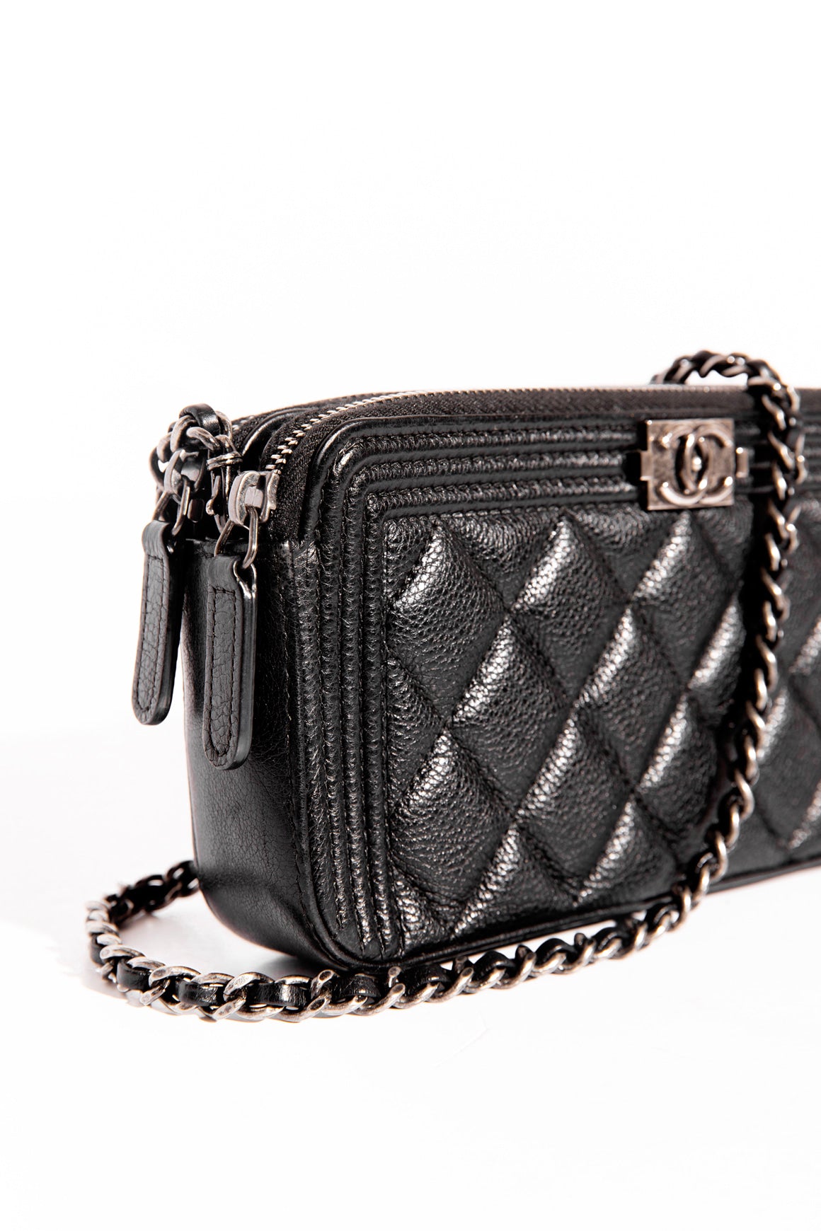 CHANEL 2017 Blk Caviar Double Zip Boy Wallet on Chain