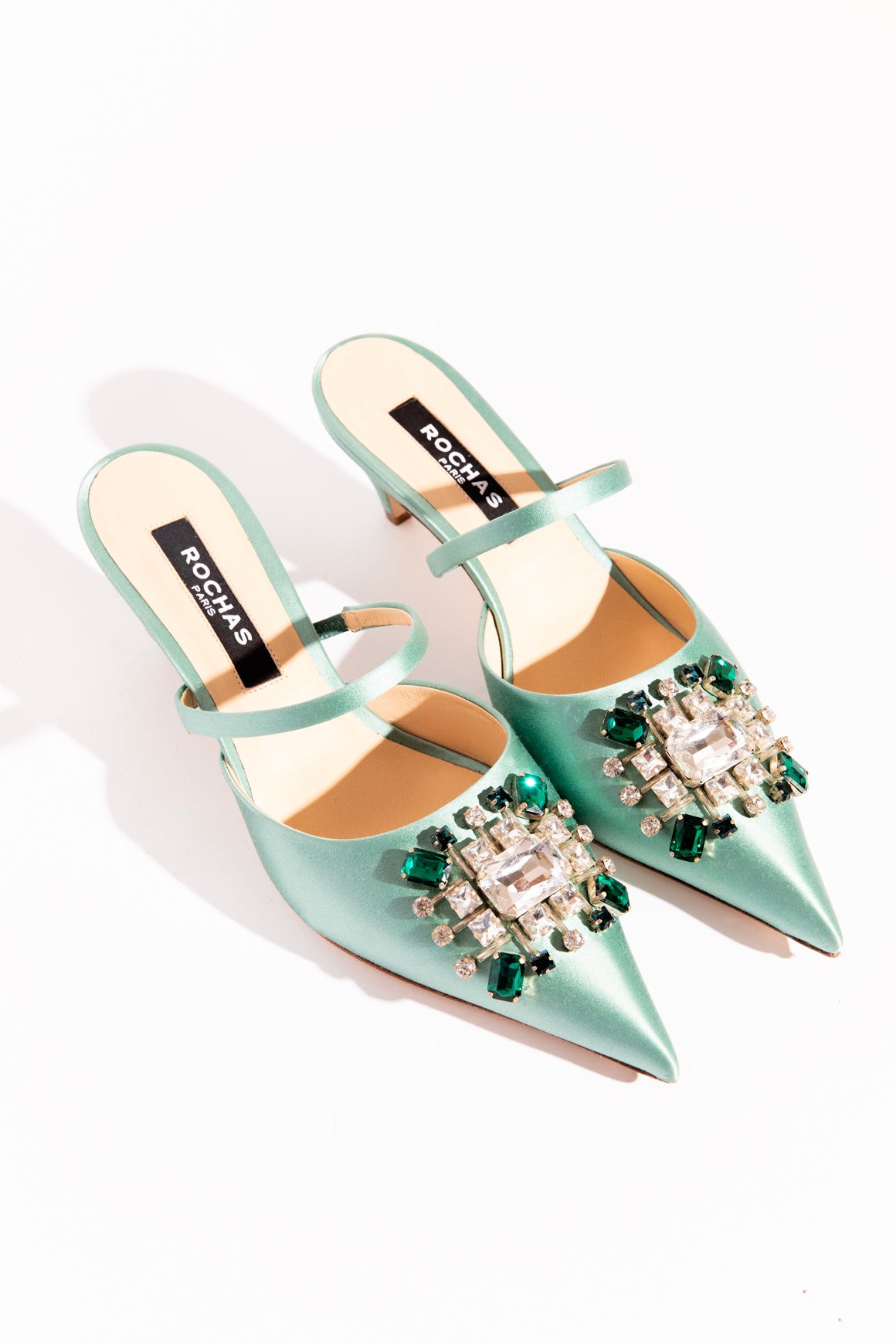 ROCHAS Mint Satin Crystal Kitten Heels (Sz.38)