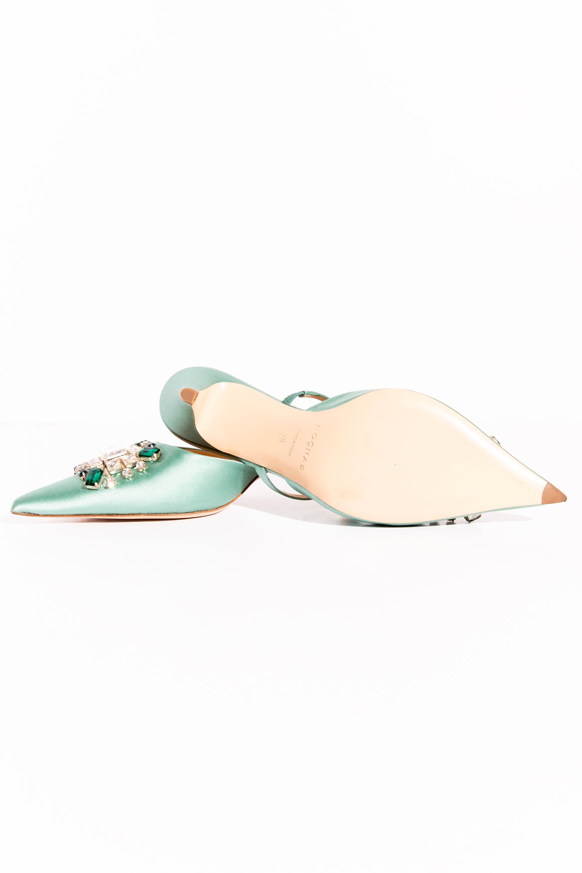 ROCHAS Mint Satin Crystal Kitten Heels (Sz.38)