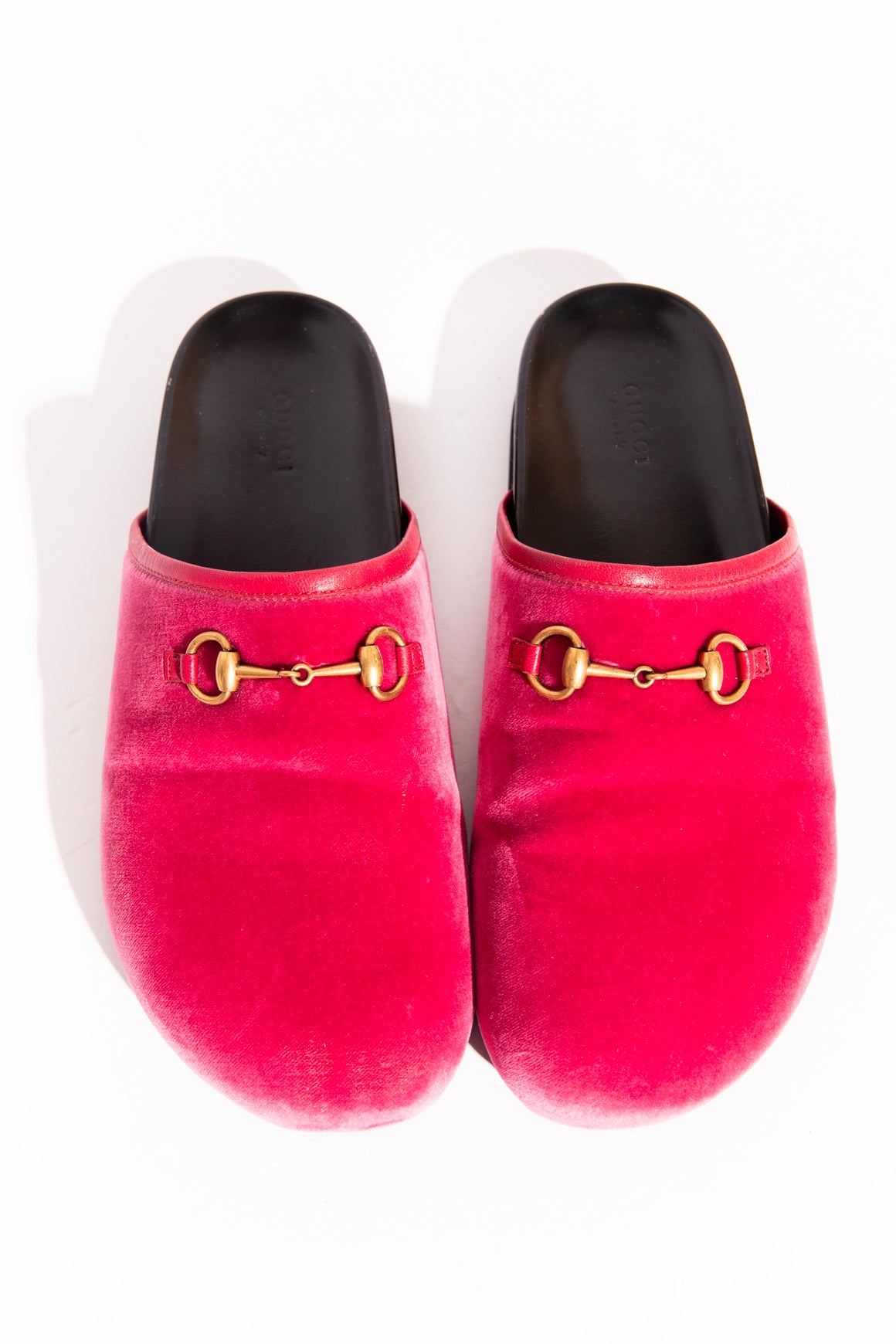 GUCCI Pink Velvet Horse-bit Flat Clogs (Sz.39.5)