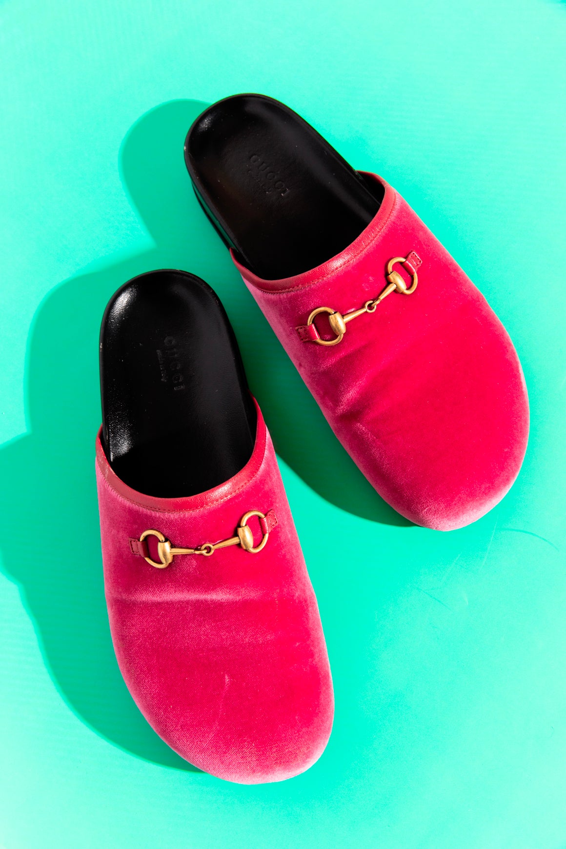GUCCI Pink Velvet Horse-bit Flat Clogs (Sz.39.5)