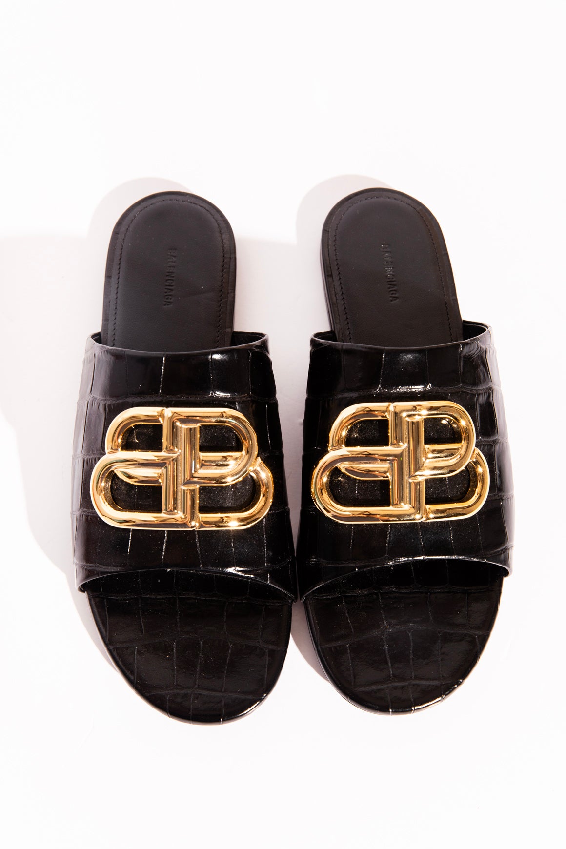 BALENCIAGA Black Croc Embossed Logo Slide Sandals (Sz.37)