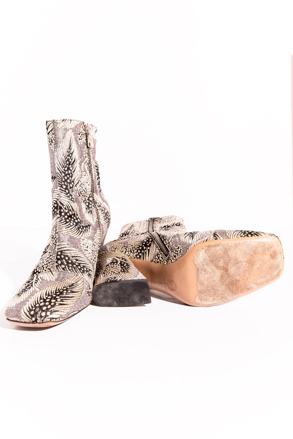 DRIES VAN NOTEN Silver Jacquard Booties (Sz.38)