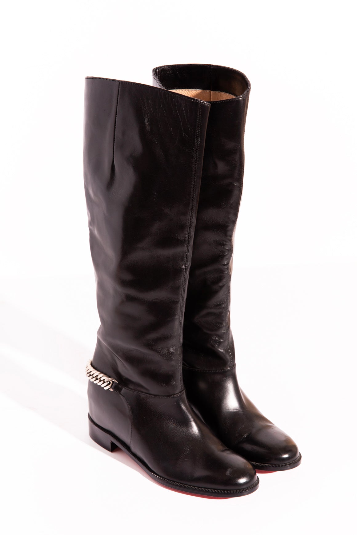 LOUBOUTIN Black Leather Chain Detail Riding Boots (Sz.36)