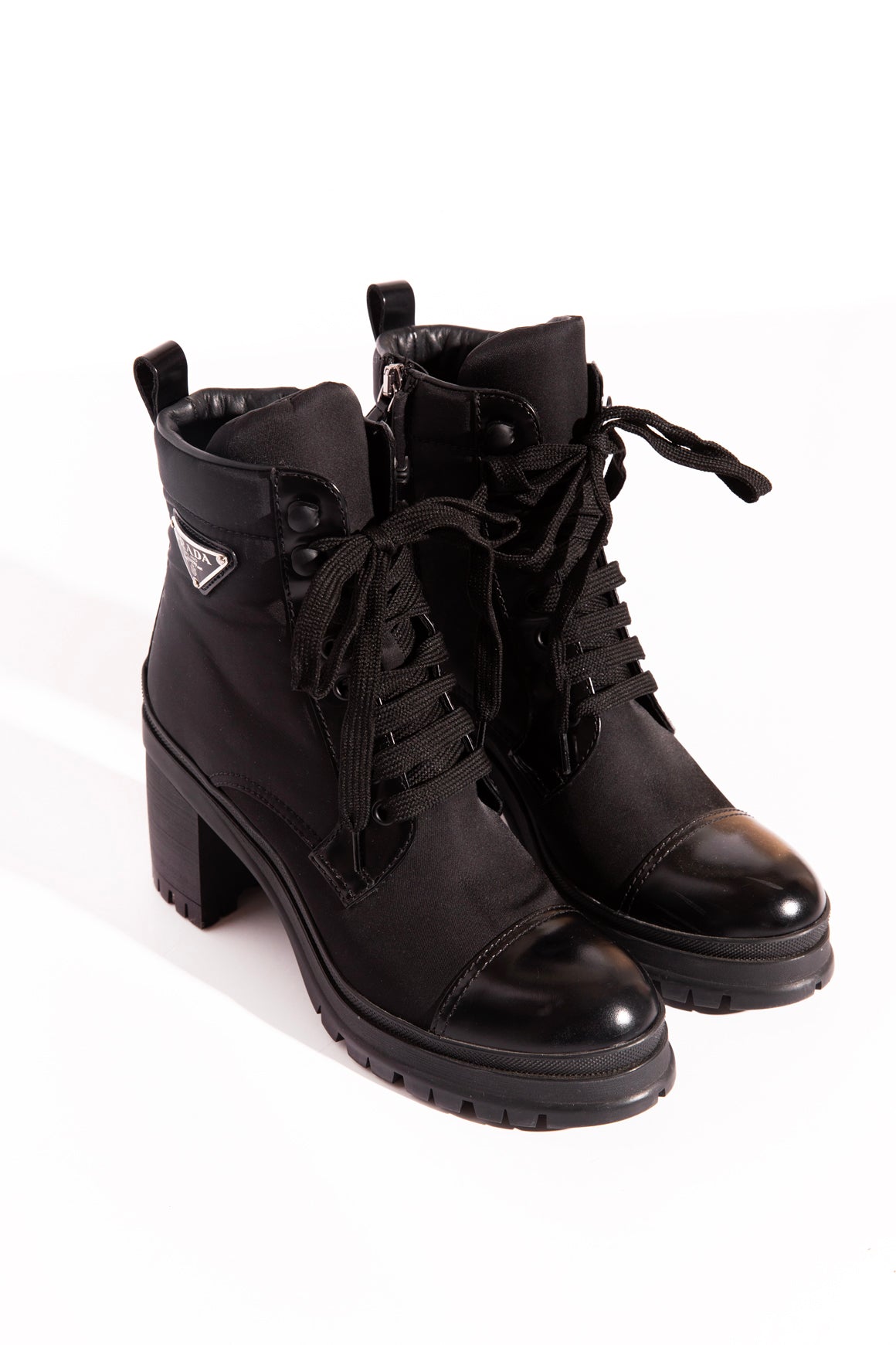 PRADA Black Cap Toe Block Heel Lace Up Boots (Sz.37.5)
