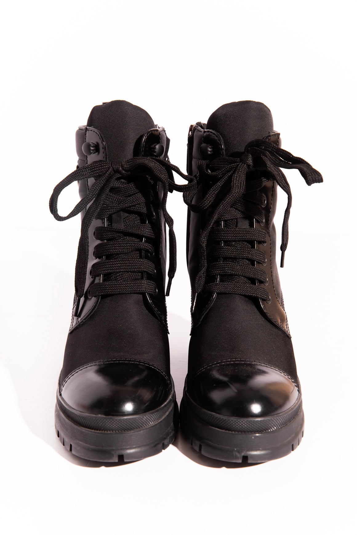 PRADA Black Cap Toe Block Heel Lace Up Boots (Sz.37.5)