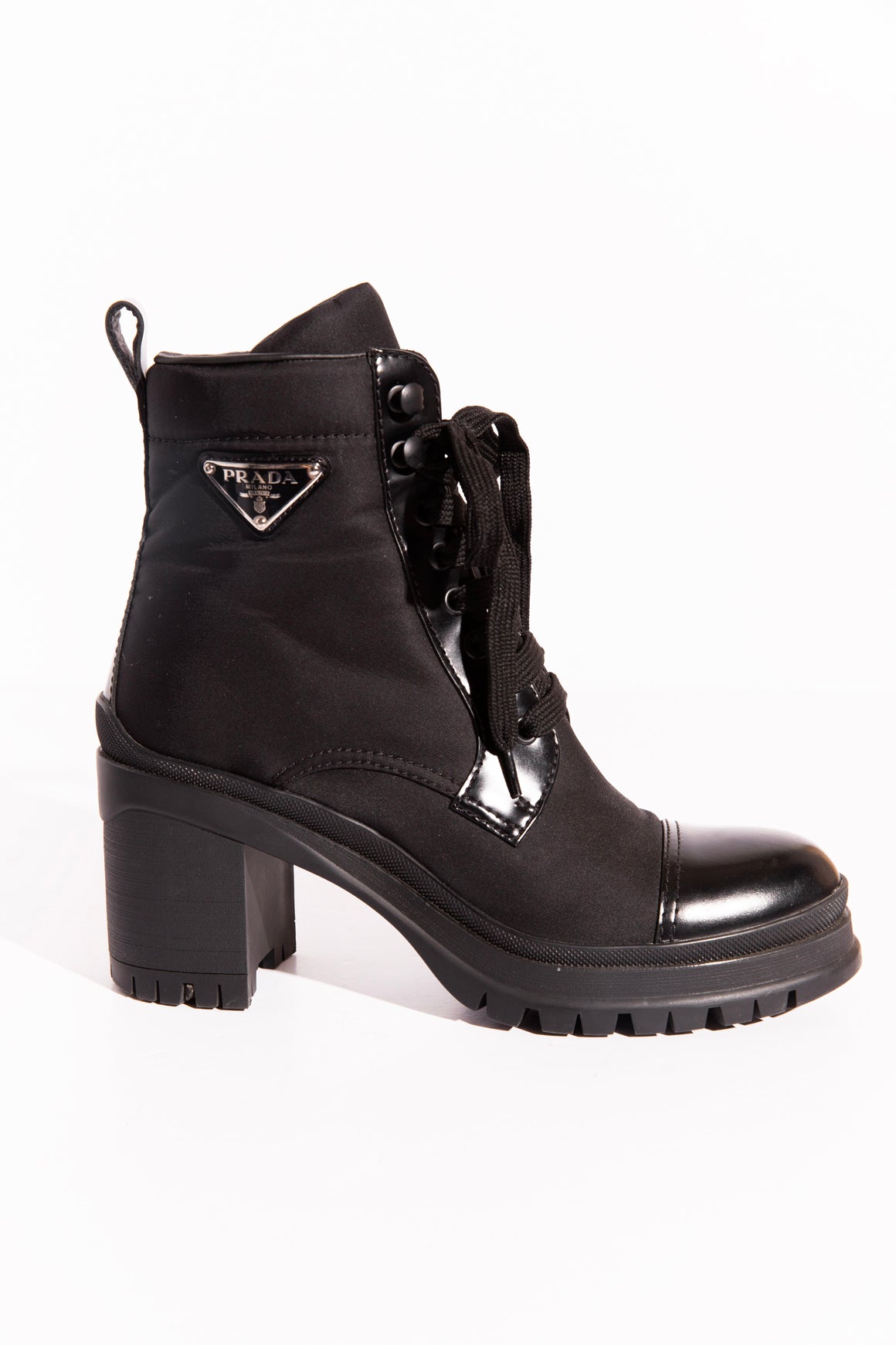 PRADA Black Cap Toe Block Heel Lace Up Boots (Sz.37.5)