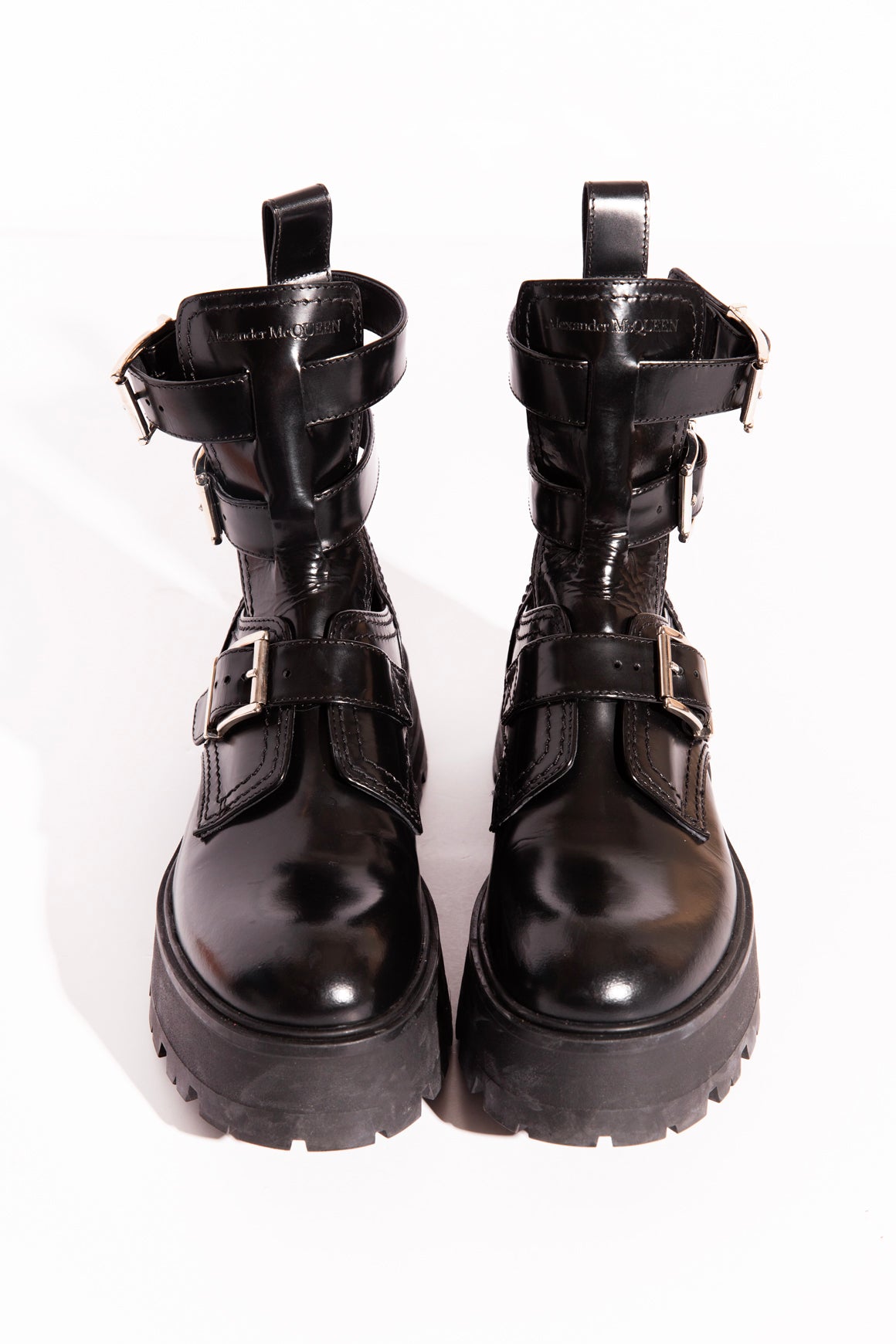 ALEXANDER MCQUEEN Black Leather "Rave" Buckle Boots (Sz.38)