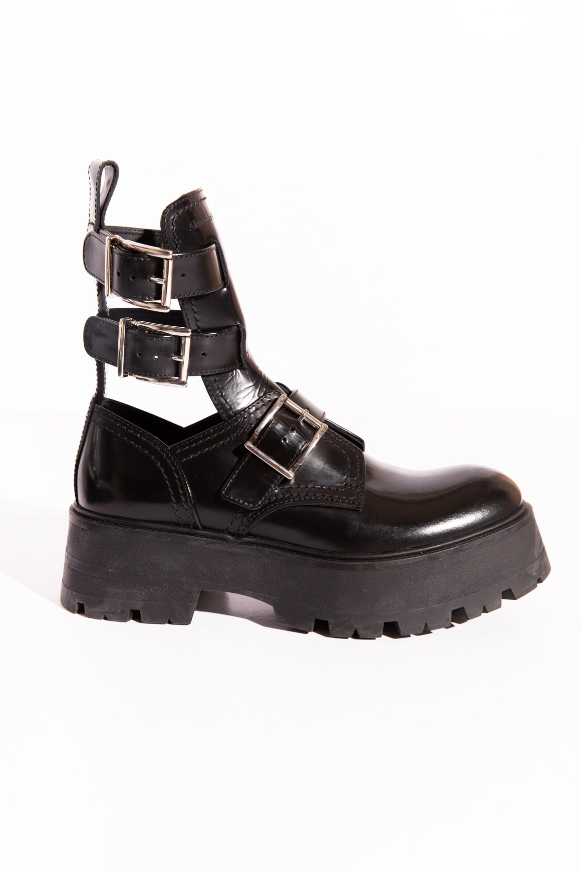 ALEXANDER MCQUEEN Black Leather "Rave" Buckle Boots (Sz.38)