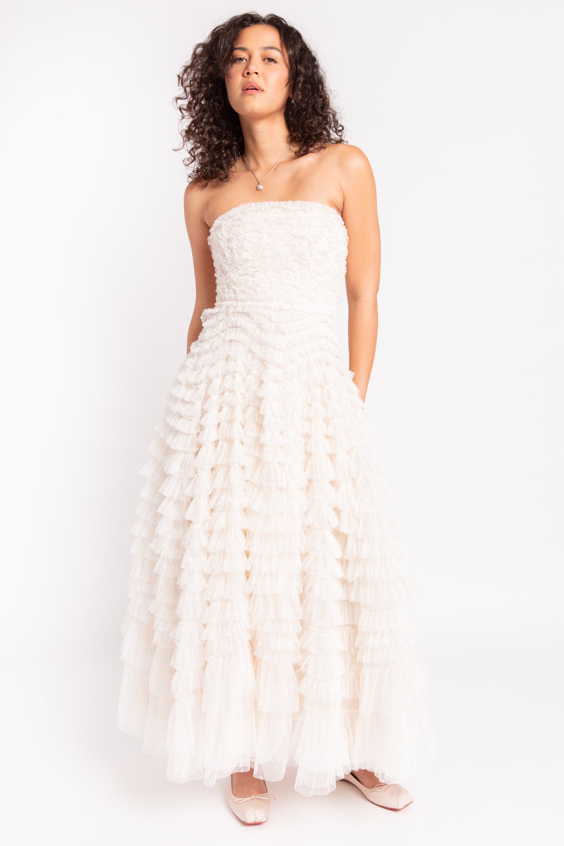 NEEDLE & THREAD Cream "Hattie" Ruffle Strapless Ankle Gown