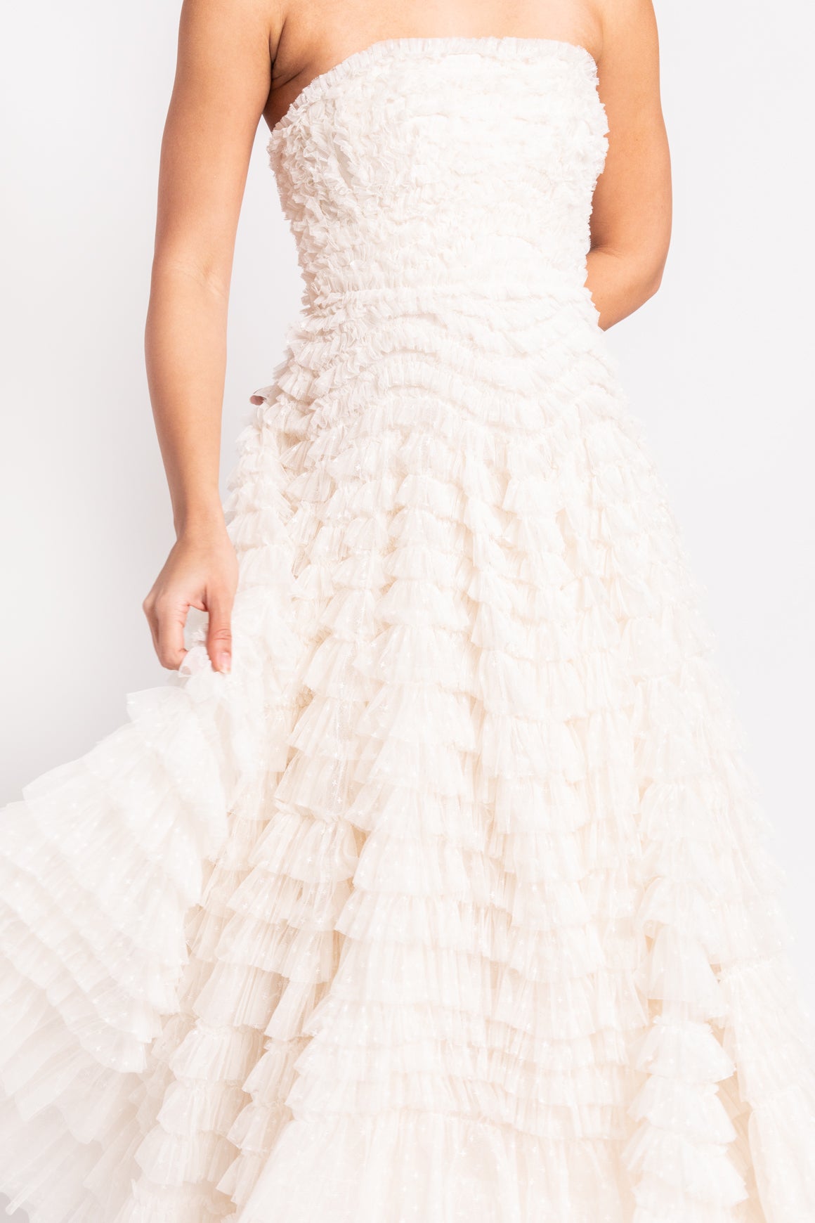 NEEDLE & THREAD Cream "Hattie" Ruffle Strapless Ankle Gown