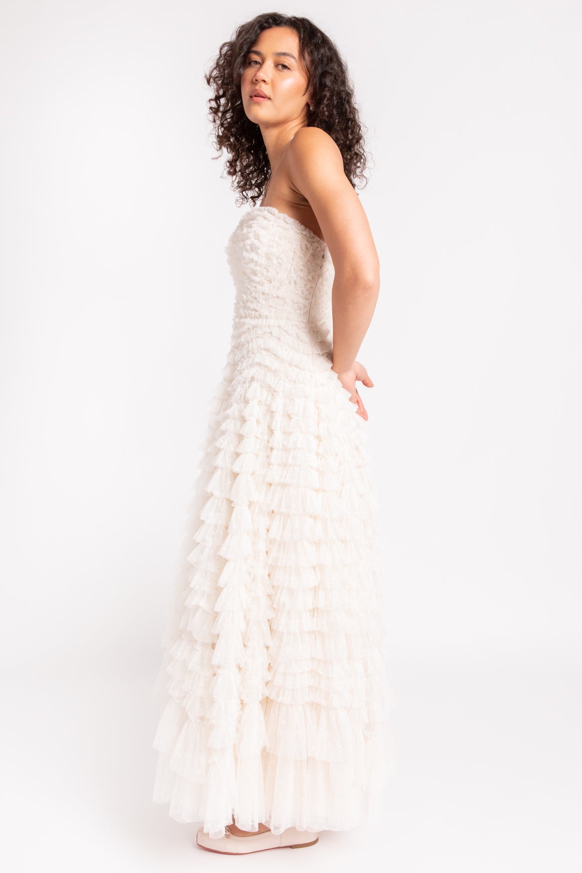 NEEDLE & THREAD Cream "Hattie" Ruffle Strapless Ankle Gown