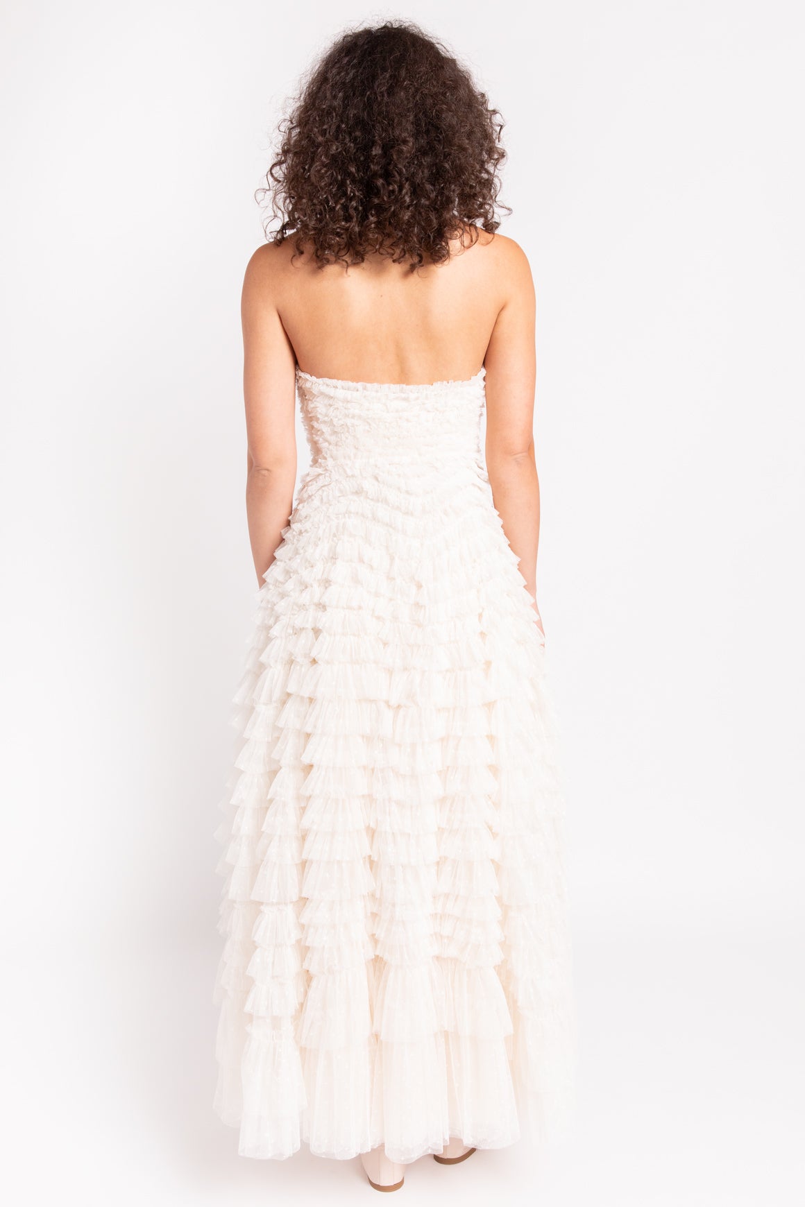 NEEDLE & THREAD Cream "Hattie" Ruffle Strapless Ankle Gown