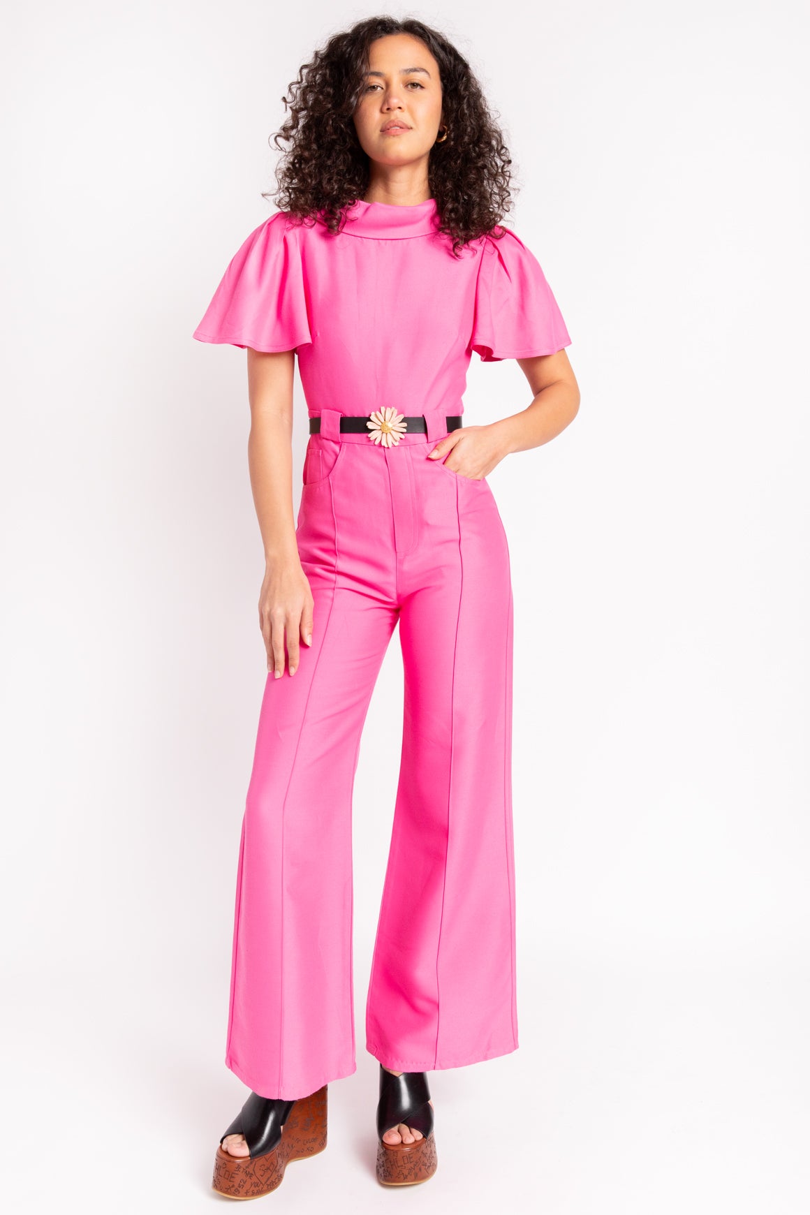 BRANDON MAXWELL Hot Pink Flutter-Sleeve Jumpsuit