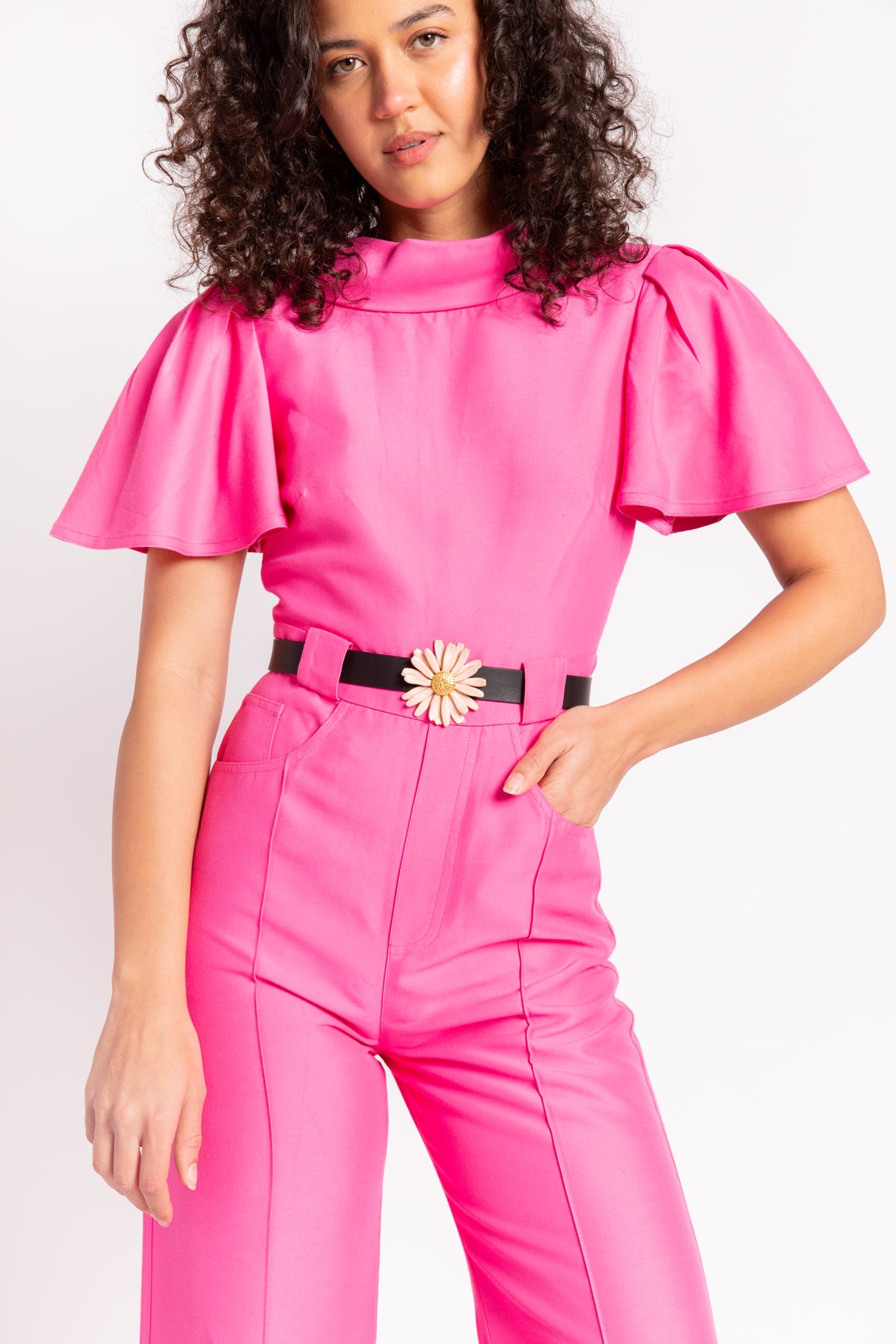 BRANDON MAXWELL Hot Pink Flutter-Sleeve Jumpsuit