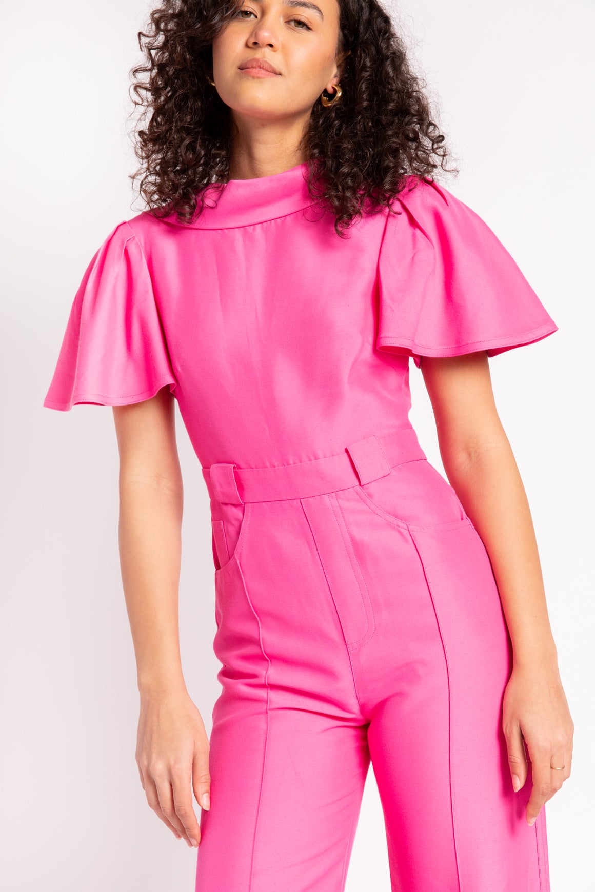 BRANDON MAXWELL Hot Pink Flutter-Sleeve Jumpsuit