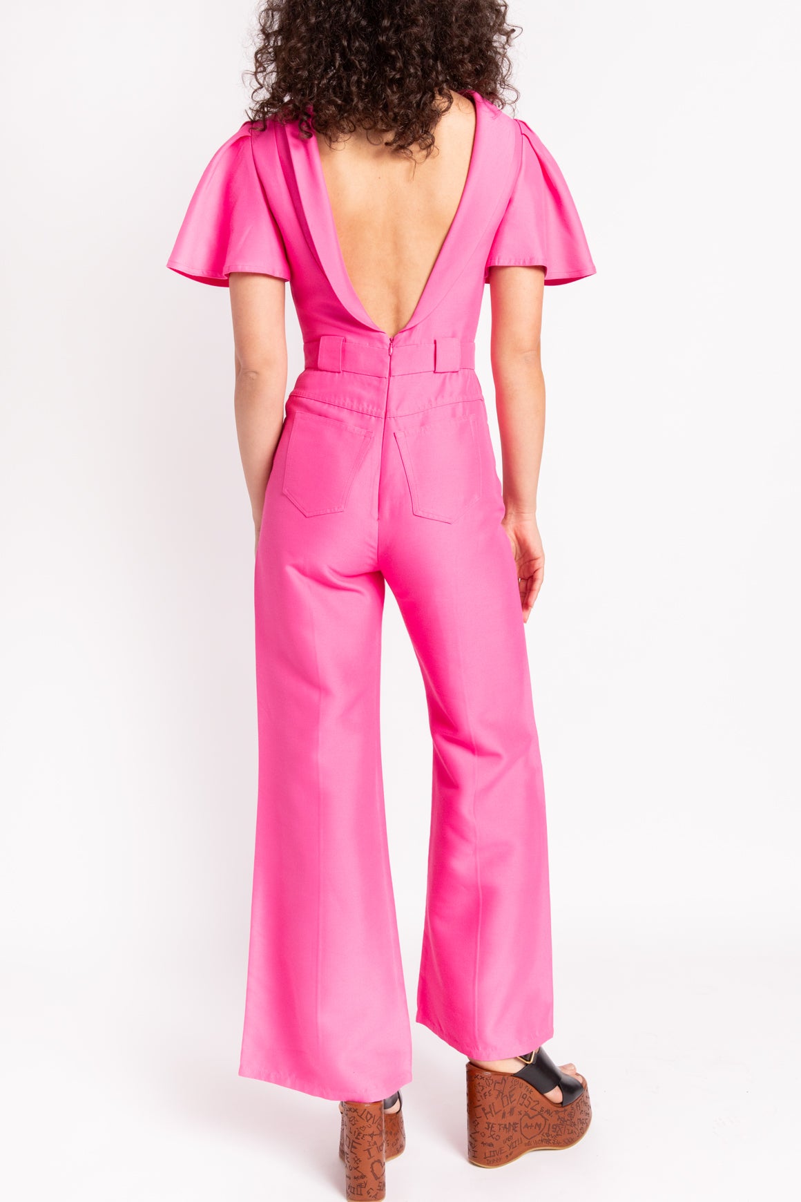 BRANDON MAXWELL Hot Pink Flutter-Sleeve Jumpsuit