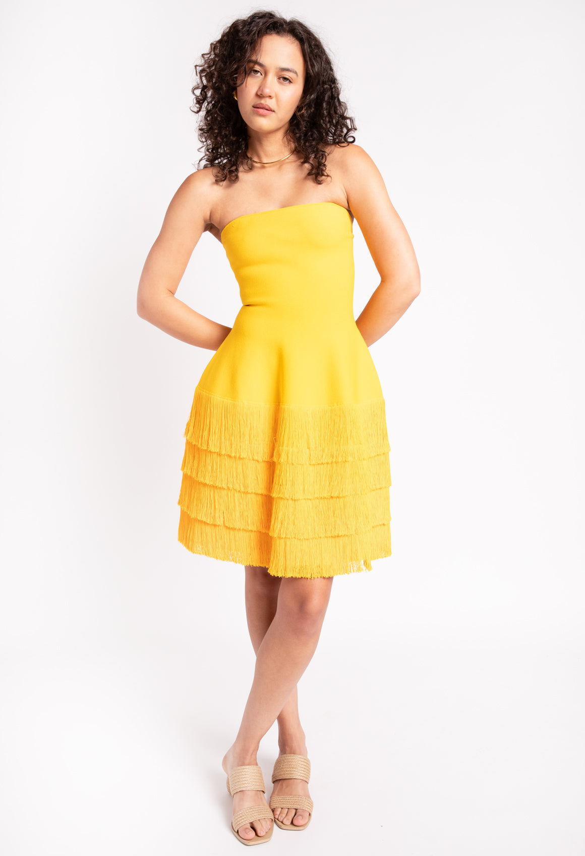 PROENZA SCHOULER Yellow Fringe Strapless Mini Dress